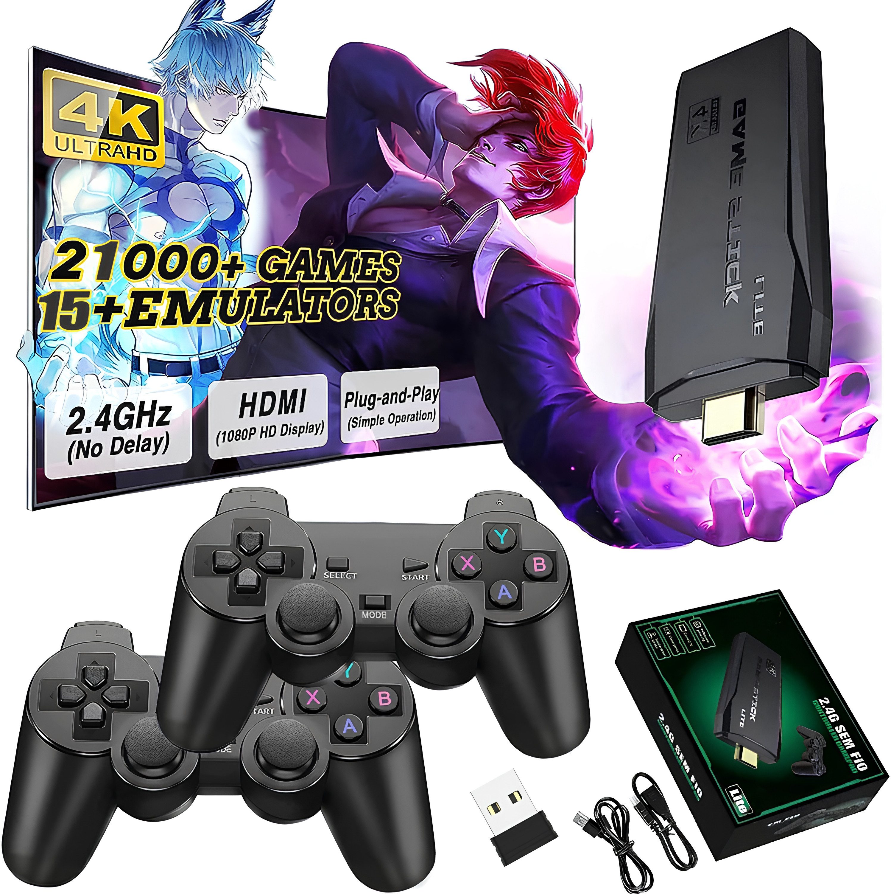 Athlix Spielkonsole Retro Game Stick 20.000+ Spiele mit Controller, 15 Emulatoren, 2 Bluetooth Controller, 128GB Speicher möglich