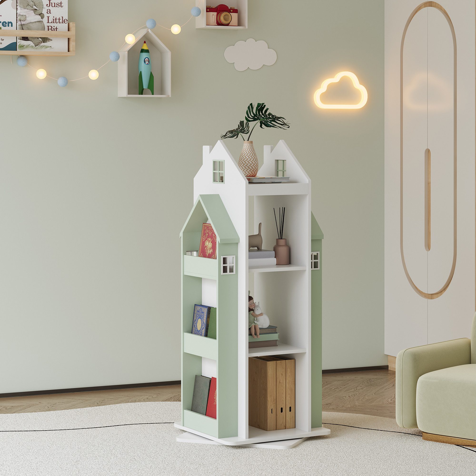 en.casa Kinderregal, drehbar »Vipsali« in Hausdesign 108x40x40 cm Mintgrün/ günstig online kaufen