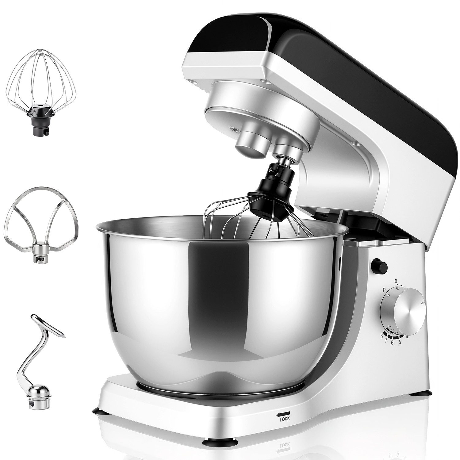 oyajia Küchenmaschine SM-1521X Küchenmaschine, 5,5 l Edelstahl Schüssel, Safe-Use-Sicherheitssystem, Metallgehäuse, inkl. 3-Teiligem Patisserie-Set und Spritzschutz, 1000 W, 5,5 l Schüssel, stufenloser Geschwindigkeitsregler