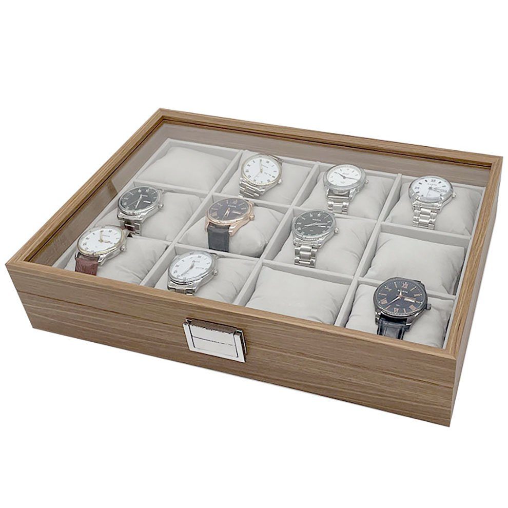 Uhren, Schmuckkasten Uhrenkoffer 12 mixed24 Echtglas mit Deckel für Holz