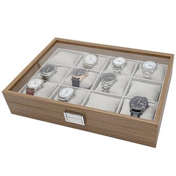 mixed24 Schmuckkasten Holz Uhrenkoffer für 12 Uhren, mit Echtglas Deckel