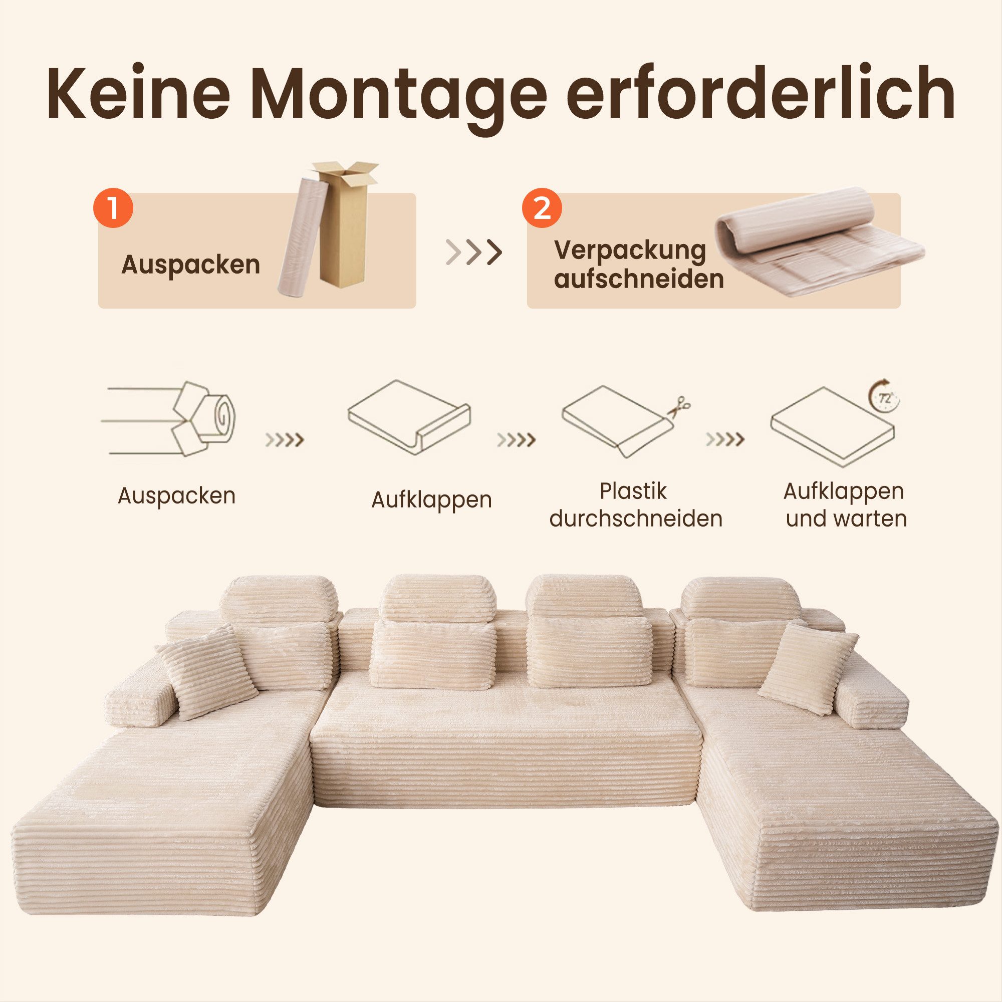 Patbrela Wohnlandschaft U-förmiges modulares Sofa mit zwei Liegesesseln, aus Samtstoff, Mit bequemer Memory-Schaum-Polsterung, keine Montage erforderlich