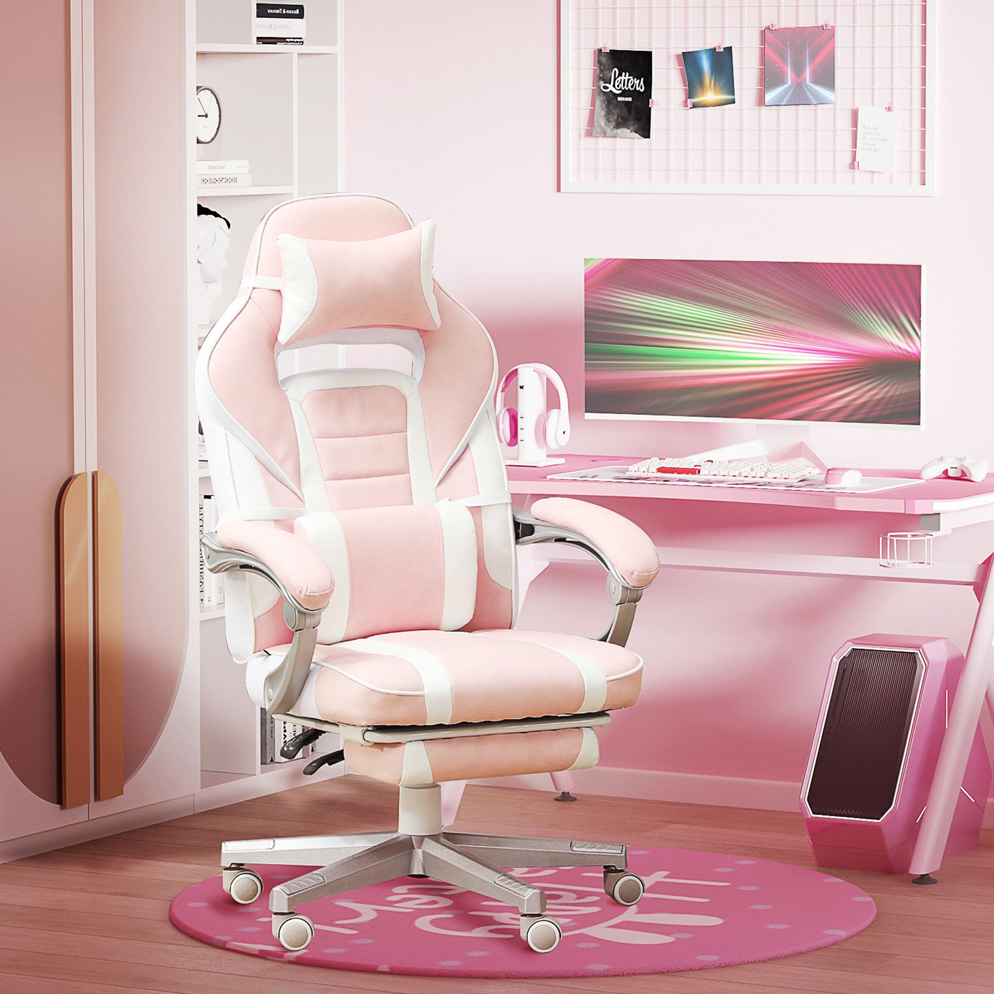 HOMCOM Schreibtischstuhl Gamingstuhl, Fußstütze, höhenverstellbar, Kopf- und Lendenkissen (drehbar Gaming Sessel mit neigbare Rückenlehne, 1 St), Kunstleder, bis 120 kg, Rosa