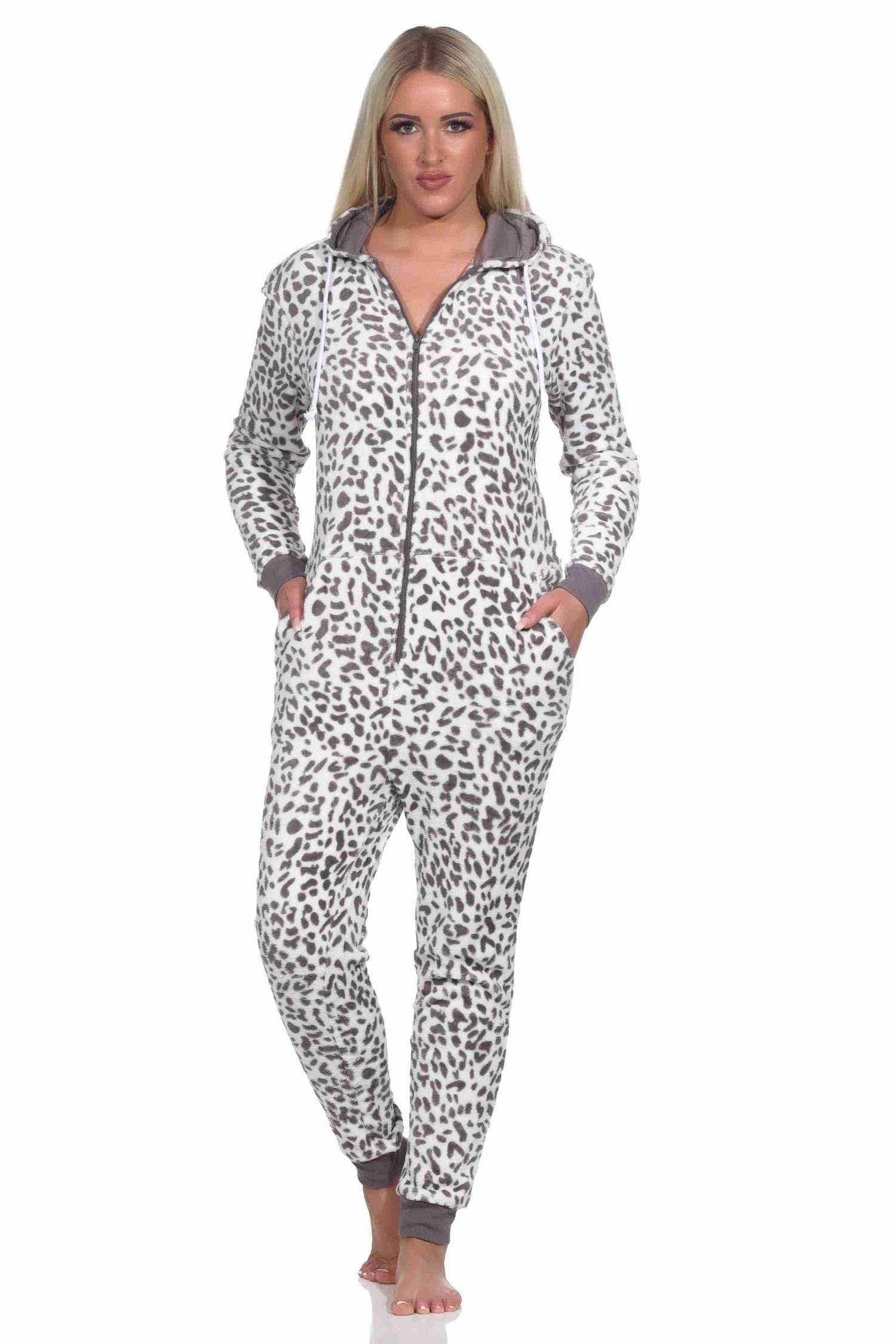 Normann Pyjama Damen Schlafanzug aus braun Coralfleece Einteiler Overall Jumpsuit