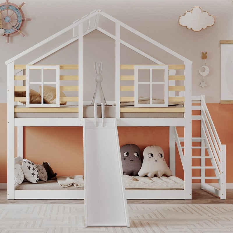 OKWISH Etagenbett Kinderbetten Holzbett Einzelbett Gästebett, Blockhaus Kinderbett (mit Absturzsicherung, Bettrahmen aus Massivholz, 90x200 cm, Holzbett mit Treppe und Gitter, mit Rutsche und Fenster), Ohne Matratze