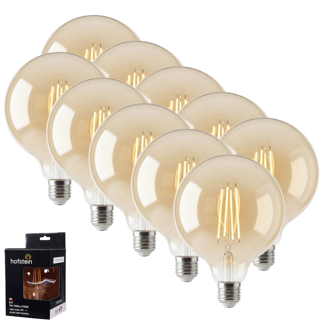 hofstein LED-Leuchtmittel 10er Set Glühbirne Warmweiß dimmbar 6 Watt, E27, 2700 Kelvin, 600 Lumen, Globe Vintage, Filament, Amber