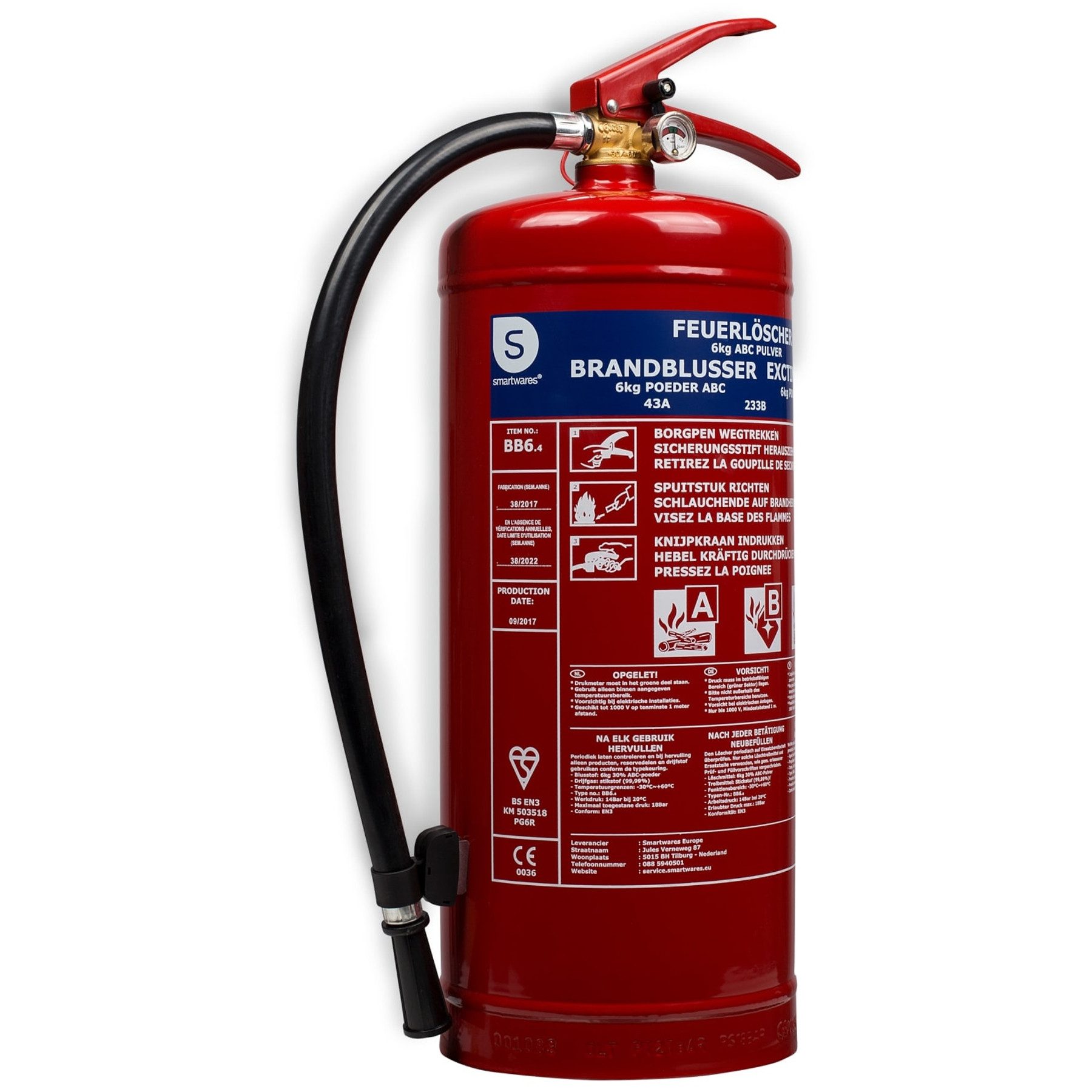smartwares Pulver-Feuerlöscher SMARTWARES Огнетушитель, Pulver, 6 Kg, Brandklasse 43A, 223B, C