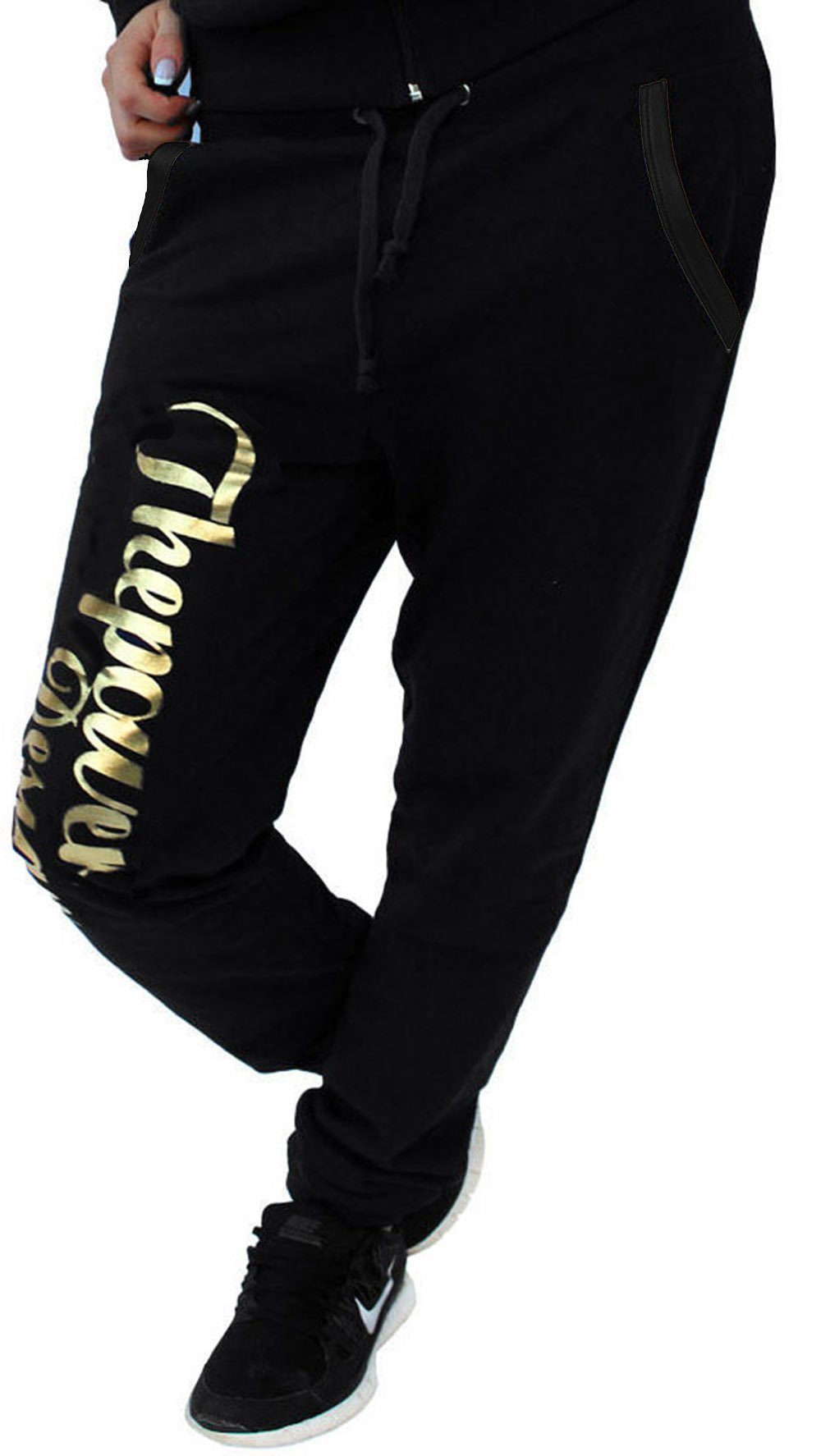 RMK Jogginghose Damen Trainingshose Fitnesshose Sporthose Sweatpants Camouflage und Unifarben H.516 Schwarz