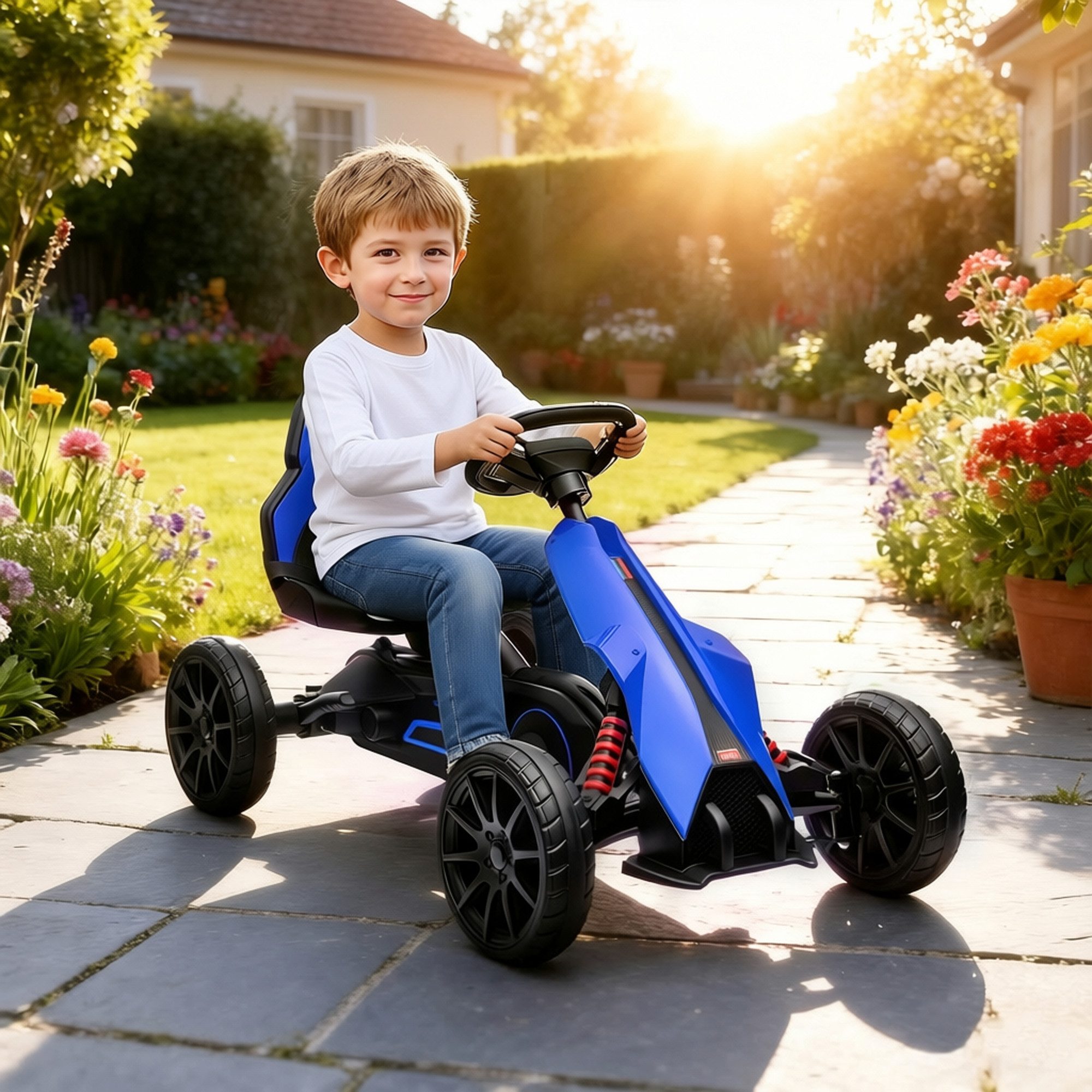 HOMCOM Go-Kart Tretauto mit Handbremse, verstellbarem Sitz, Tretfahrzeug, für Kinder, Blau – Bild 2 von 5
