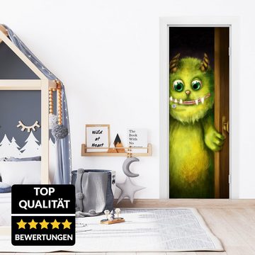 wandmotiv24 Türtapete grünes Monster in der Tür, Hörner, Zähne, glatt, Fototapete, Wandtapete, Motivtapete, matt, selbstklebende Dekorfolie