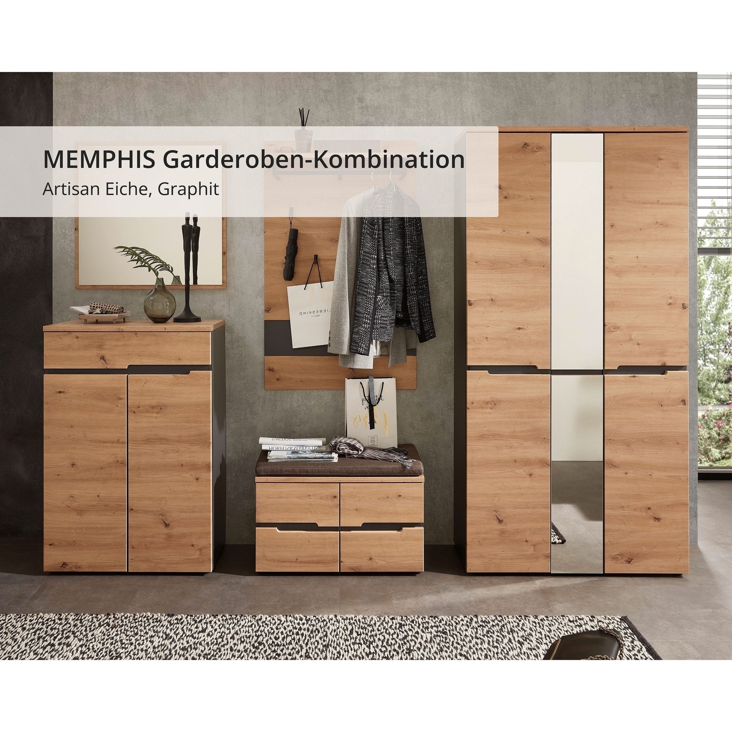 freiraum Garderoben-Set Memphis, (3-teilig) Artisan Eiche Dekor / Graphit - 185x192x38 (BxHxT)