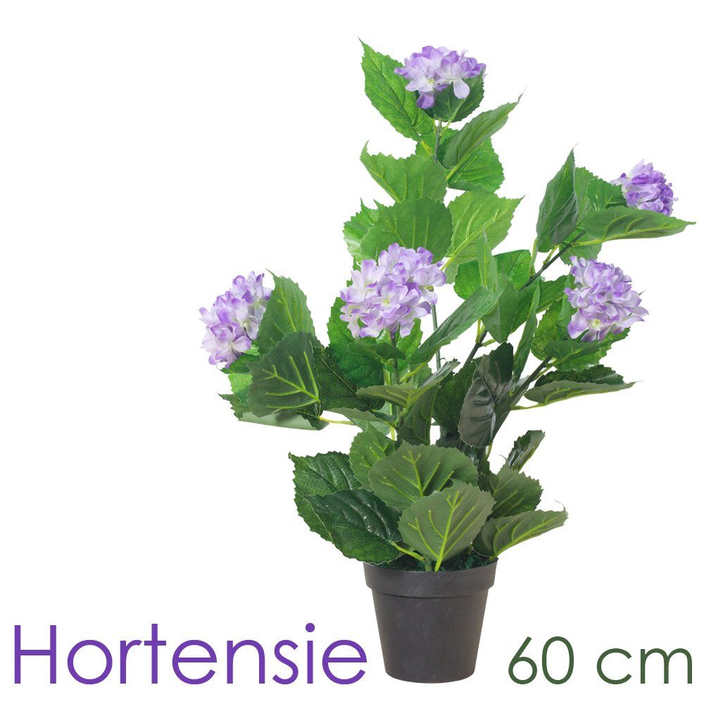 Kunstblume Künstliche Hortensie Hydrangeaceae Kunstpflanze Lila Violett Topf 60cm Hortensie, Decovego, Höhe 60 cm
