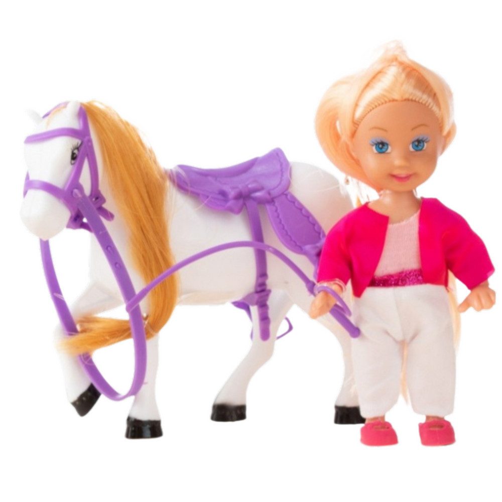 LEAN TOYS Minipuppe Reiterpuppe Pferdeset Puppenspielset (Spar-Set, 1-tlg., 12 cm Puppe beweglich), Pferd, Sattel, Zaumzeug, Peitsche, 12 cm Puppe