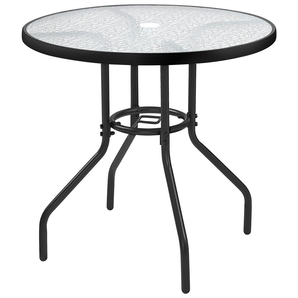 Yaheetech Gartentisch Runder Balkontisch mit Schirmloch aus Gehärtetem Glas & Metall, Kaffeetisch mit Wassermuster auf der Glasoberfläche für Draußen