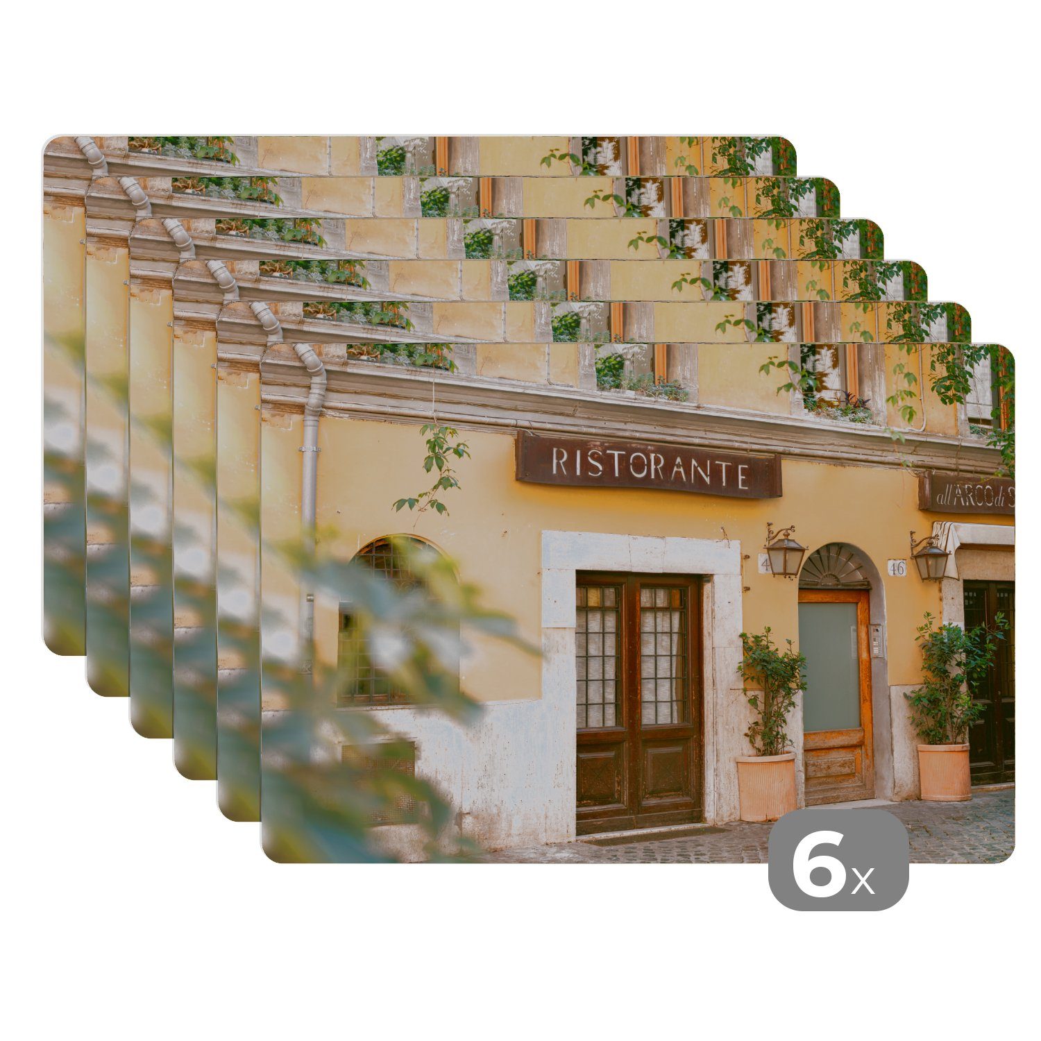 Platzset, Rom - Restaurant - Gelb - Pflanzen - Tür, MuchoWow, (6-St), Platzset, Platzdecken, Platzmatte, Tischmatten, Schmutzabweisend