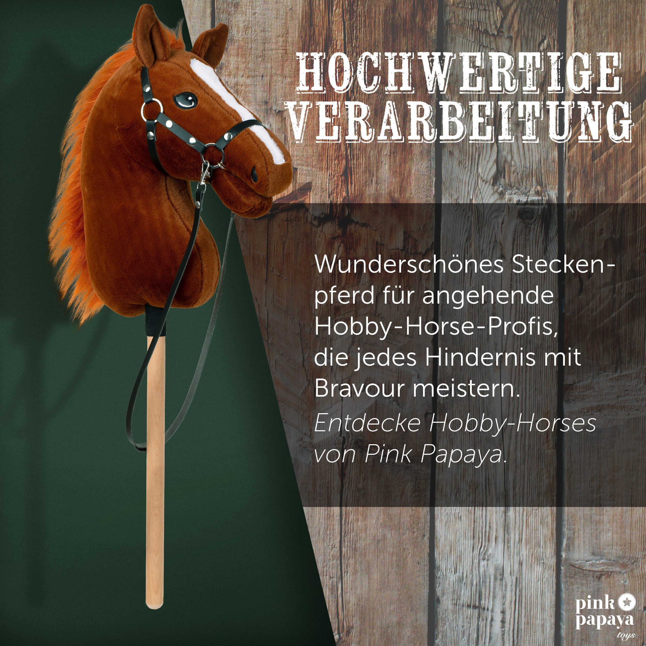 Pink Papaya Steckenpferd Hobby Horse - Steckenpferd mit Halfter/Trense, Hobbyhorse Stockpferd, wunderschöne Designs in je 2 Größen erhältlich