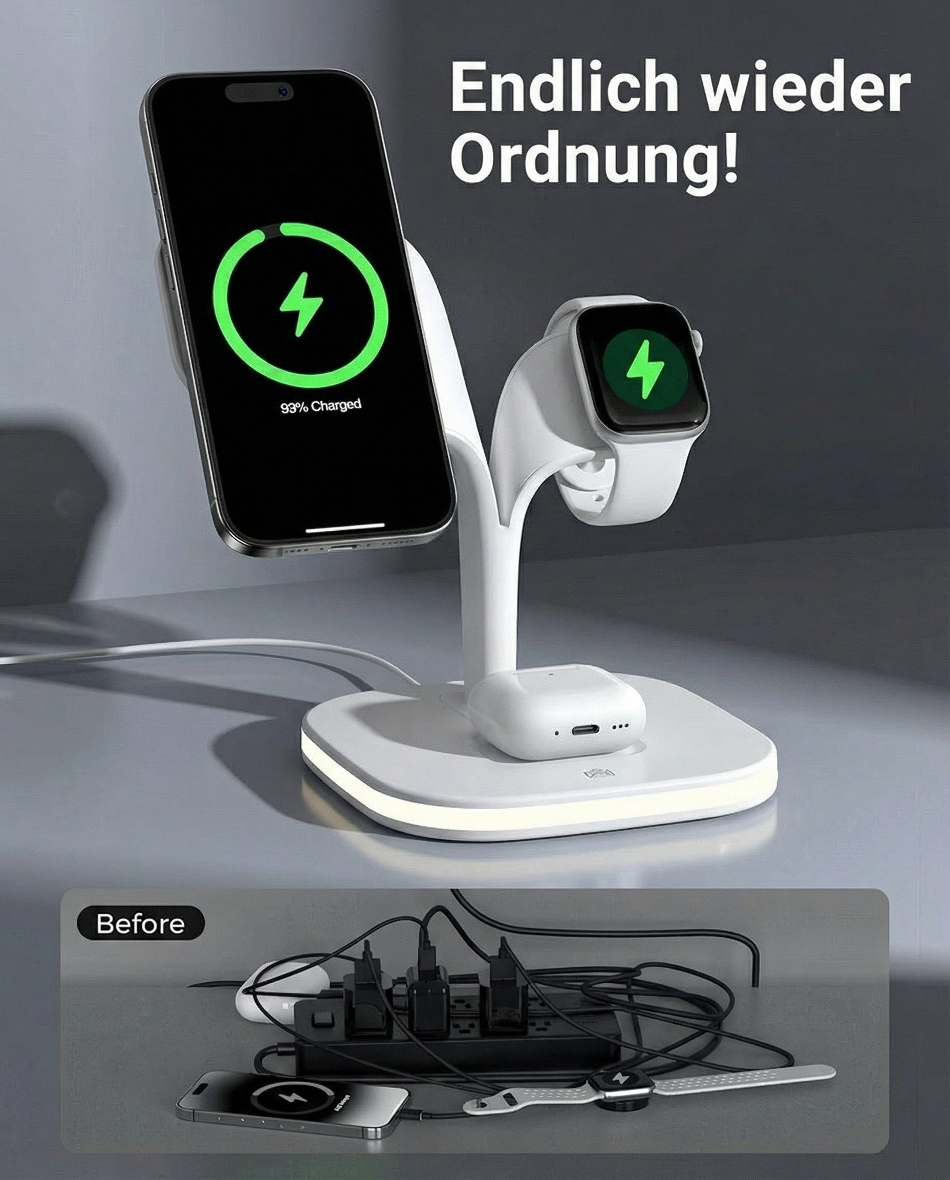 GreenHec Ladestation 3in1 MagSafe Ladegerät Kabellos Induktiv Charger Stand Wireless Charger (3 mA, Spar-Set, 3in1 PowerBase + USB-C Kabel + 20w Dual Charger, i – Bild 5 von 5