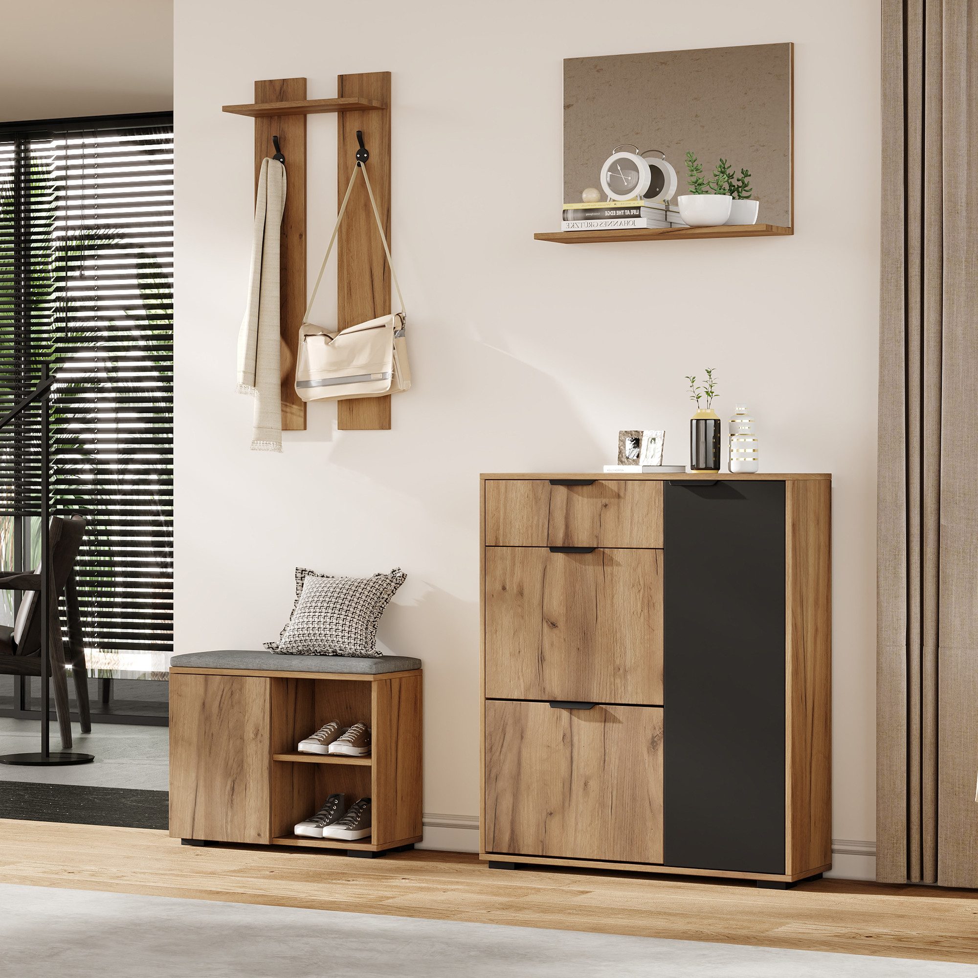 Flieks Garderoben-Set Garderobe mit 1 Spiegel, 2 Haken, Schuschrank und Sitzbank, (Set, 4-St), Flurmöbel-Set Schuhbank mit Sitzkissen, Schuhkommode mit 2 Klappen