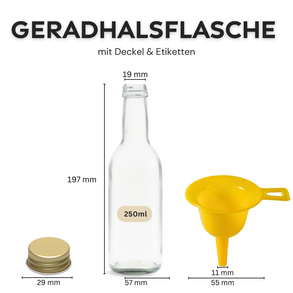 mikken Trinkflasche 20 Glasflaschen 250 ml mit Deckel leere Flasche zum befüllen, inkl. Trichter, Deckelfarbe: Gold