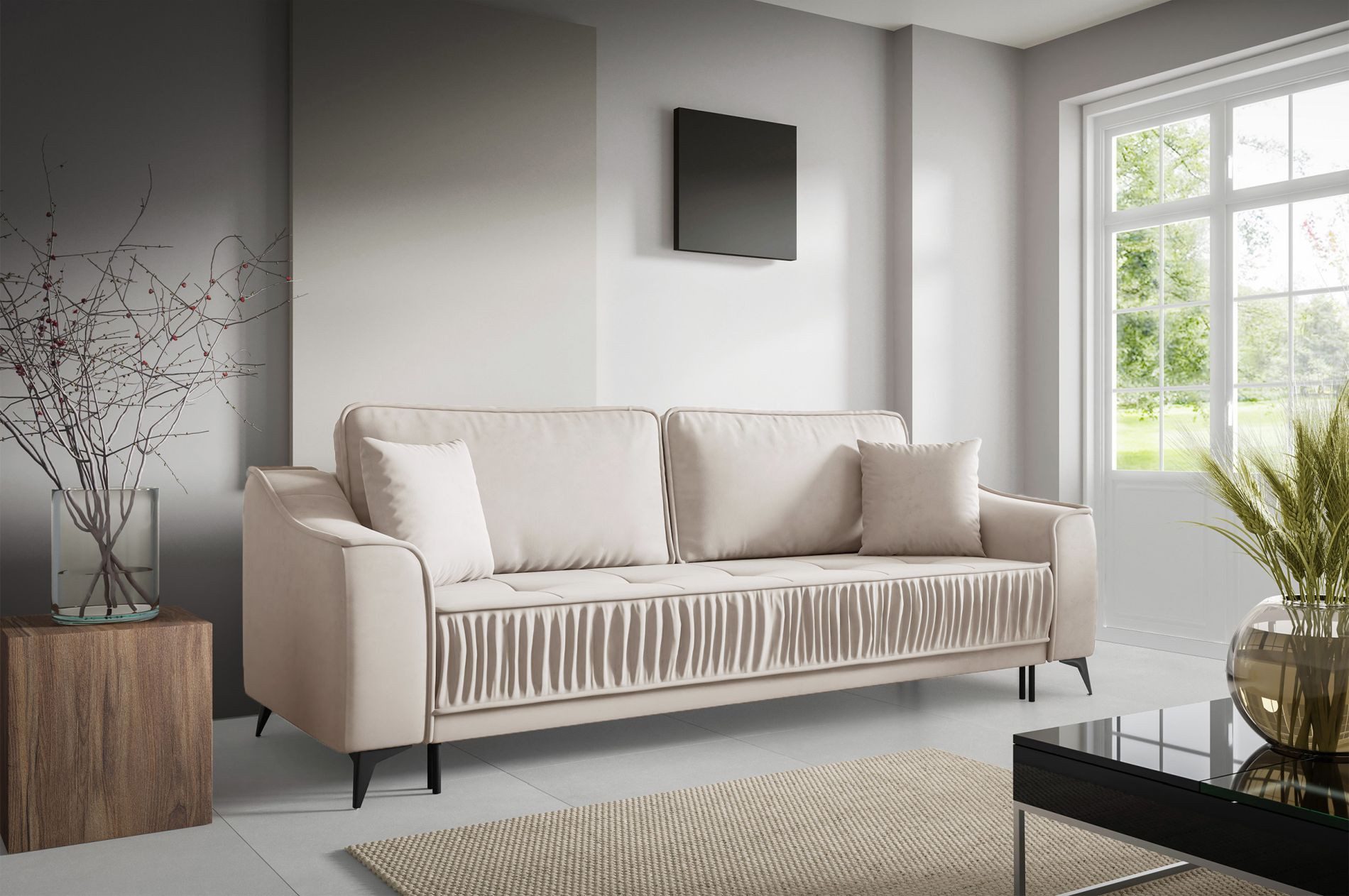 Selsey Schlafsofa, mit Schlaffunktion, Stauraum, Chenille und Zierkissen, 221 cm