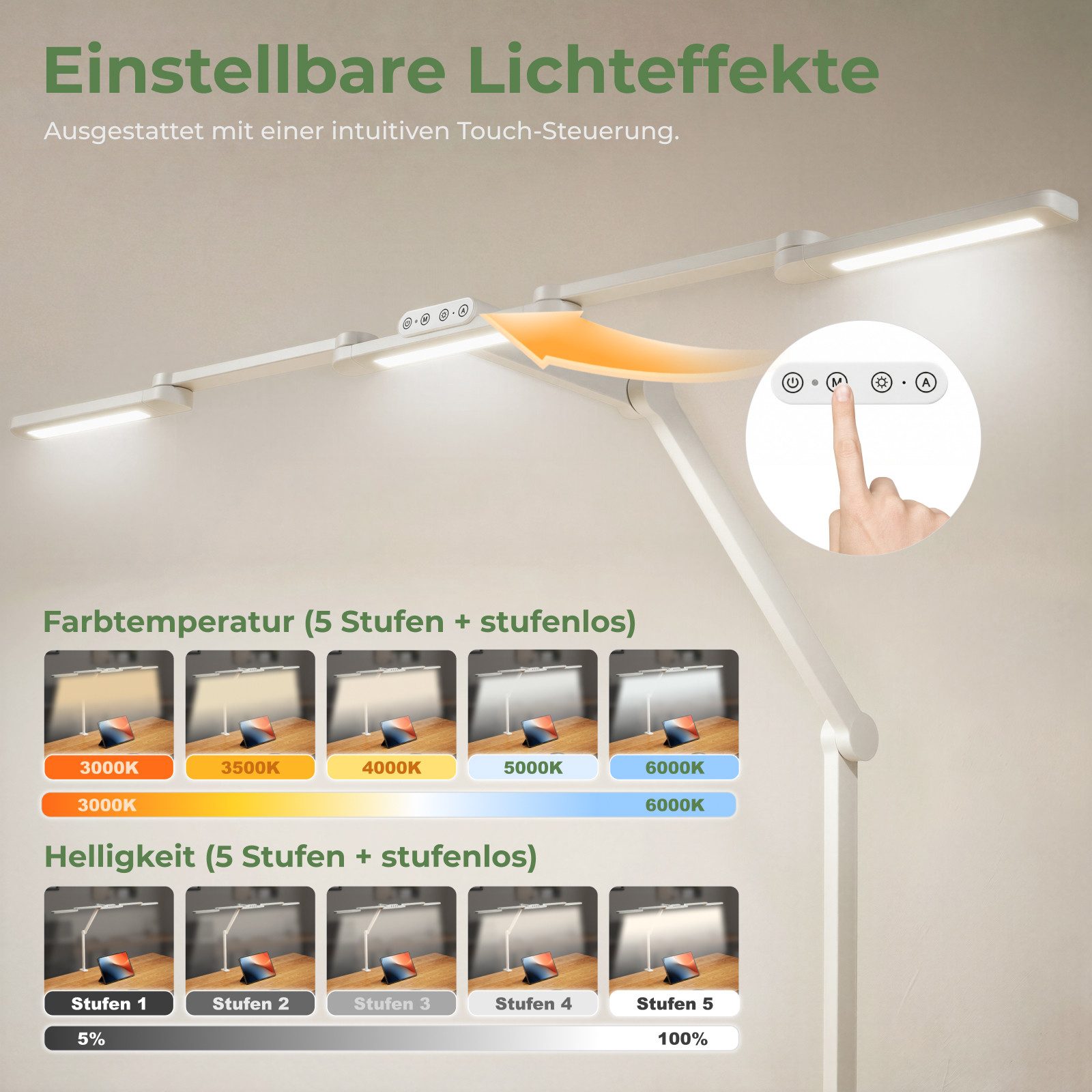 HOKO LED Schreibtischlampe mit Klemme, LED-Schreibtischlampe, LED-Schreibtischleuchte mit breitem Doppelkopf & Lichtsensor, 1300 lm, 5 Farbtemperaturen, stufenl – Bild 3 von 5