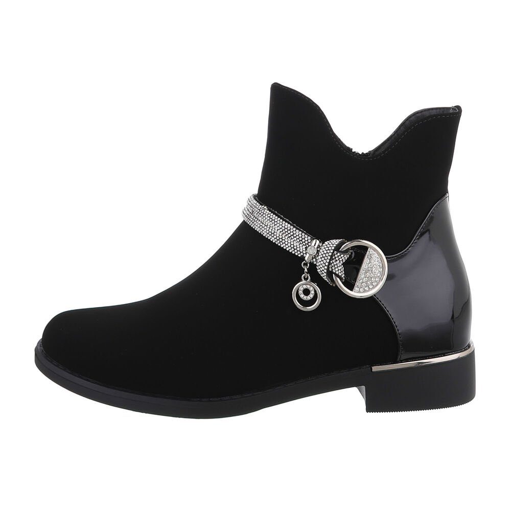 Ital-Design Damen Elegant Stiefelette Blockabsatz Flache Stiefeletten in Schwarz