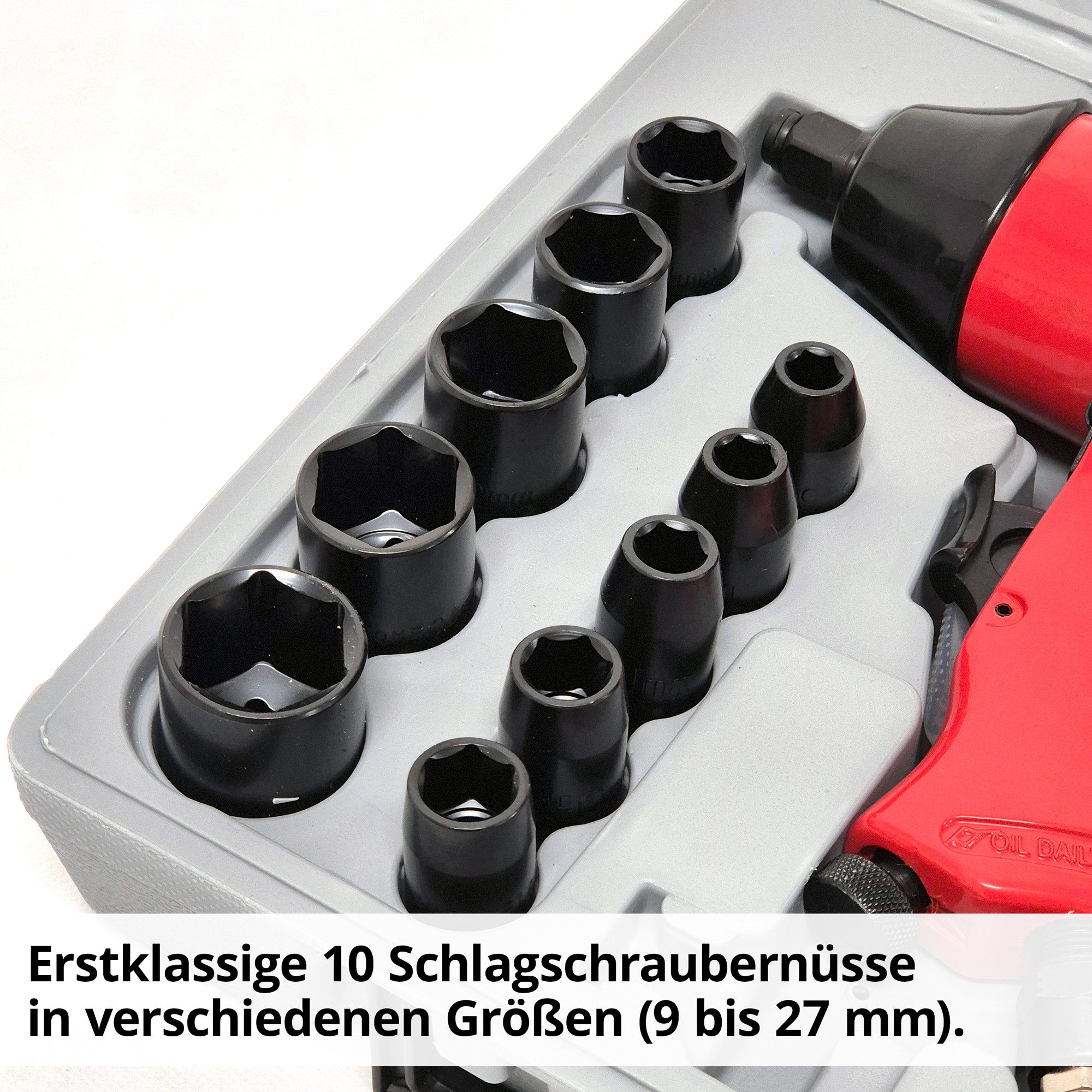 Hecht Druckluft-Schlagschrauber 002075D Set 1/2 Zoll im Koffer, 7000 U/min, 310 Nm, (Werkzeug-Set, 17-tlg., im Koffer), Doppelhammer-Schlagwerk, 4-stufig, im Koffer