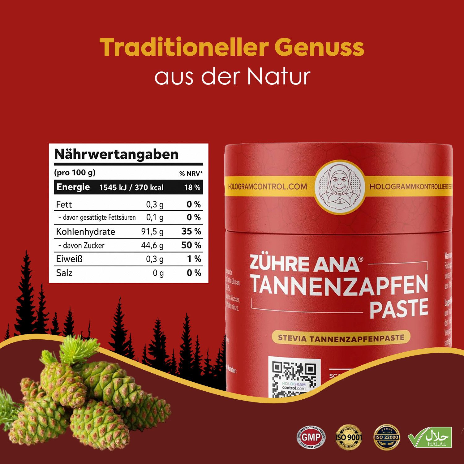 Zühre Ana® Tannenzapfenpaste mit Stevia–zuckerfreie Paste für natürliche Anwendun Paste, 240 g, Natürliche Pflanzenextrakte und unterstützende Mineralien
