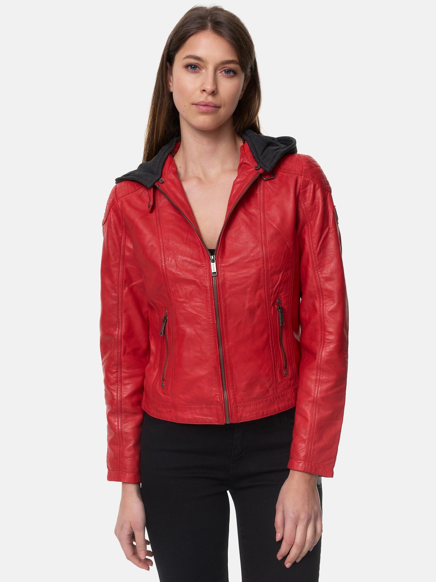 Tazzio Lederjacke F503 Damen Leder Jacke im Biker Look mit abnehmbarer Kapuze rot