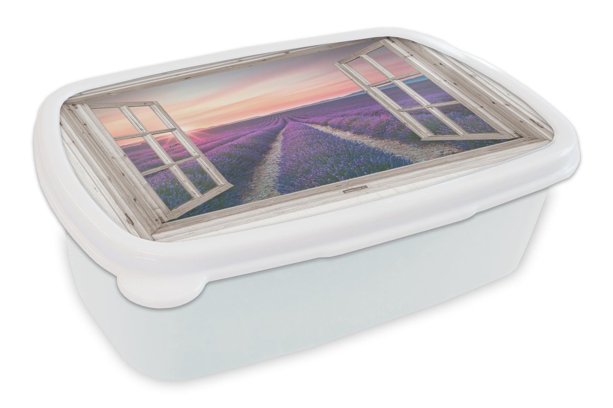MuchoWow Lunchbox Durchsichtig - Lavendel - Blumen - Holz - Sonnenuntergang - Lila, Kunststoff, (2-tlg), Brotbox für Kinder und Erwachsene, Brotdose, für Jungs und Mädchen weiß