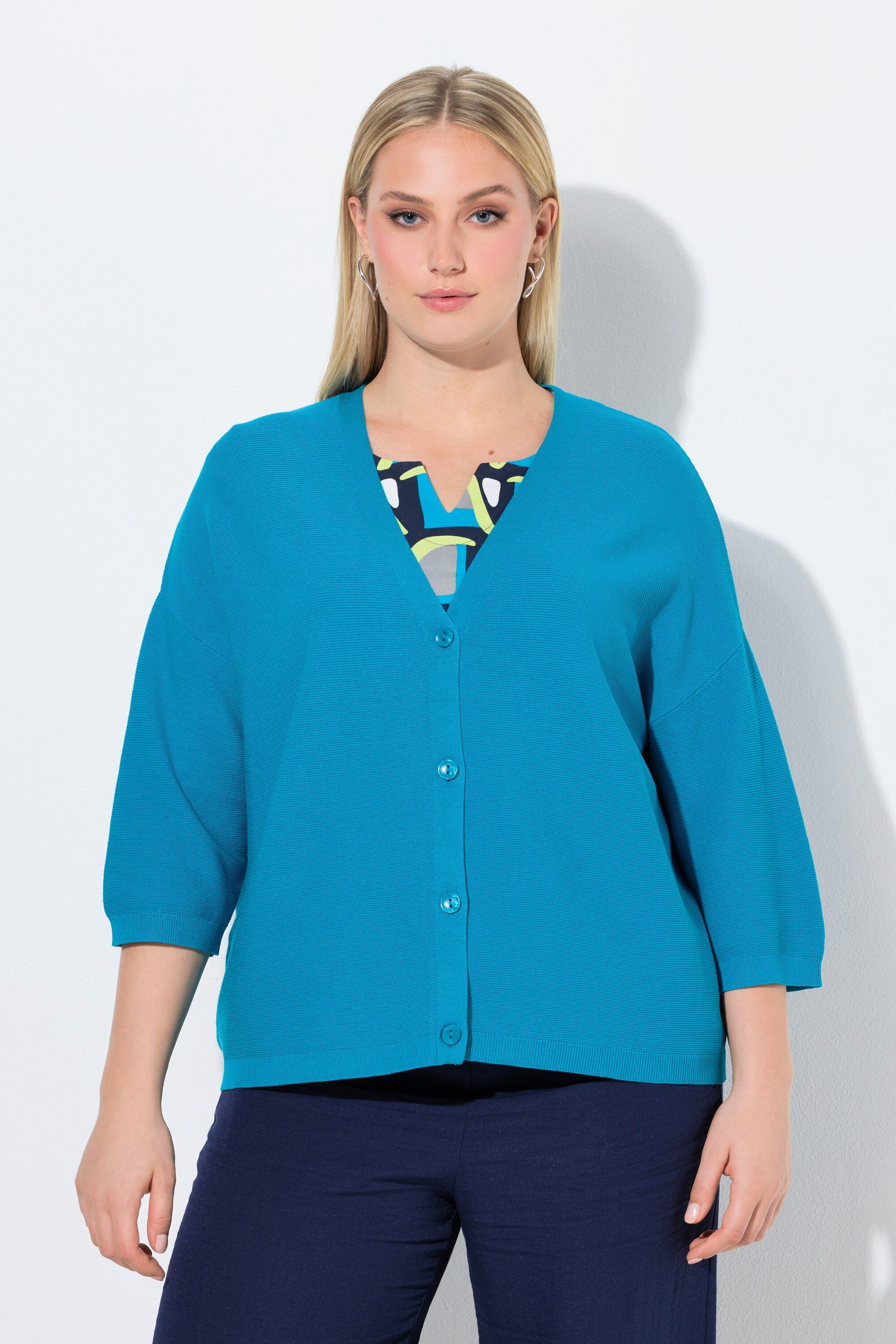Ulla Popken Strickjacke Strickjacke Linksstrick oversized V-Ausschnitt