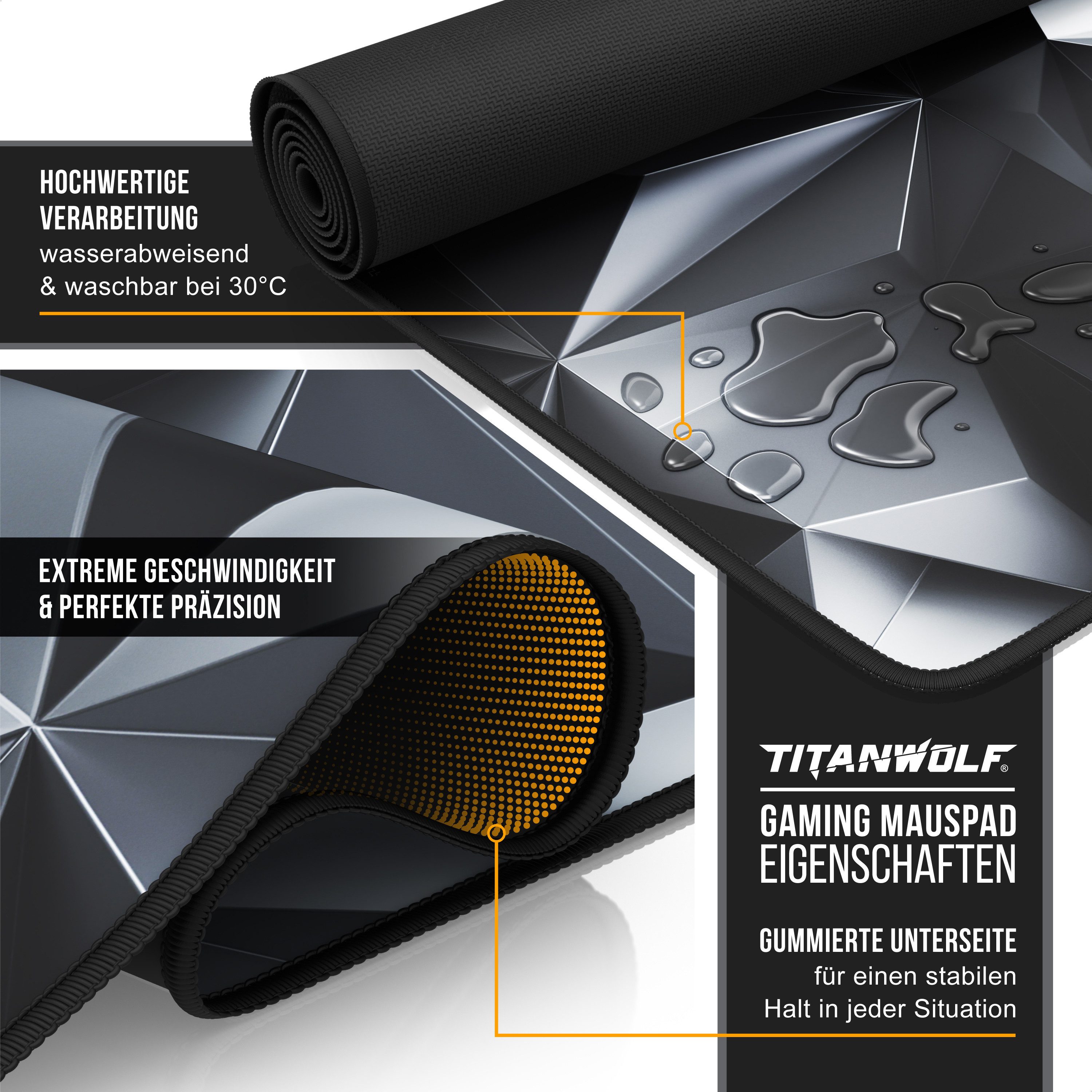 Titanwolf Gaming Mauspad XXXL Speed Mousepad 1200 x 600 x 3 mm, große Schreibtischauflage (1-St), rutschfest, abwaschbar, Geschwindigkeit & Präzision, Black Cry – Bild 3 von 5