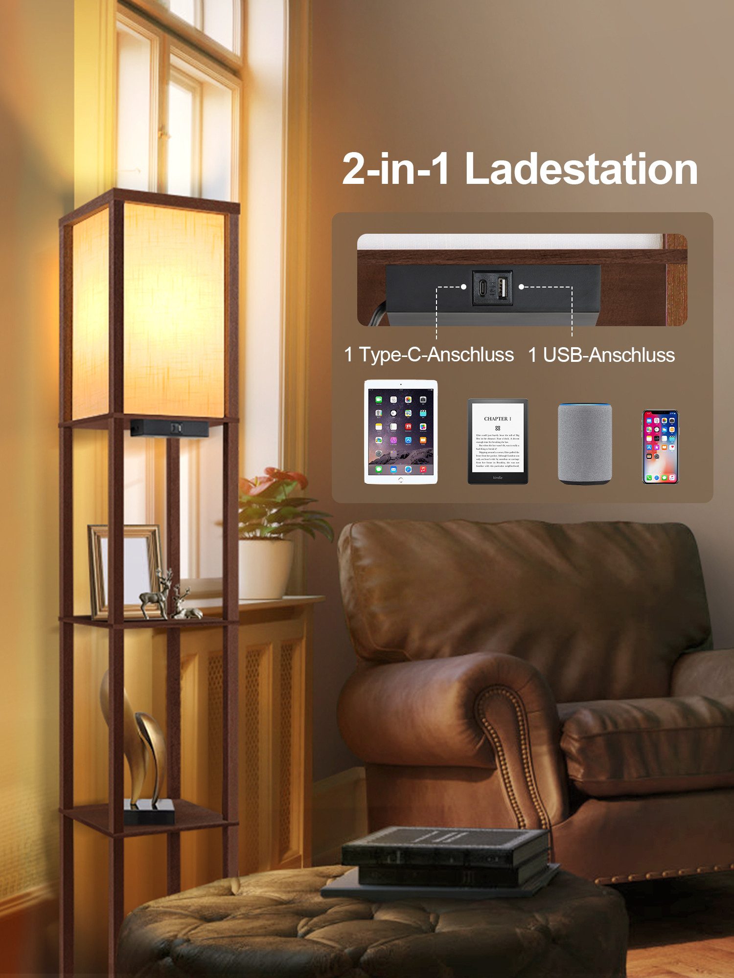 OUTON LED Stehlampe Regal mit Fernbedienung, 2 USB-Anschlüsse und 1H Timer, LED wechselbar, mit eleganter Holzoberfläche und Leinenschirm – Bild 4 von 5