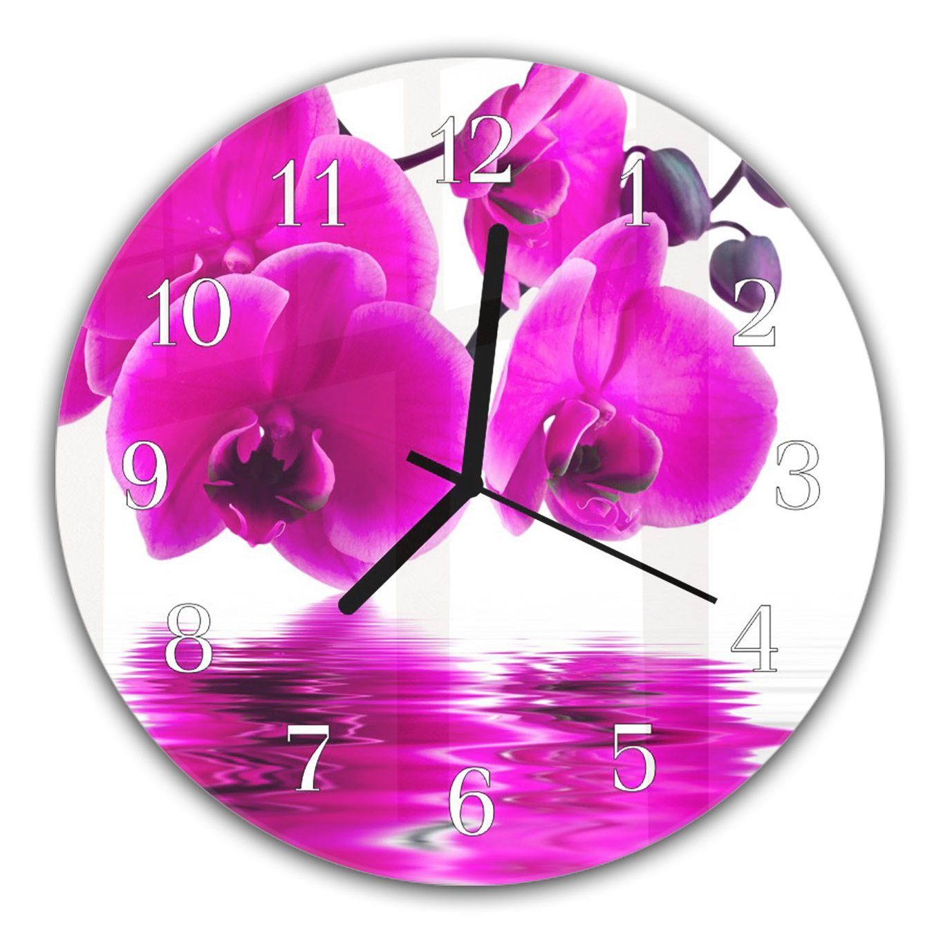 Primedeco Wanduhr Wanduhr aus Glas mit Motiv Orchideenblüte am Wasserspiegel - Rund mit Durchmesser 30 cm und Quarzuhrwerk