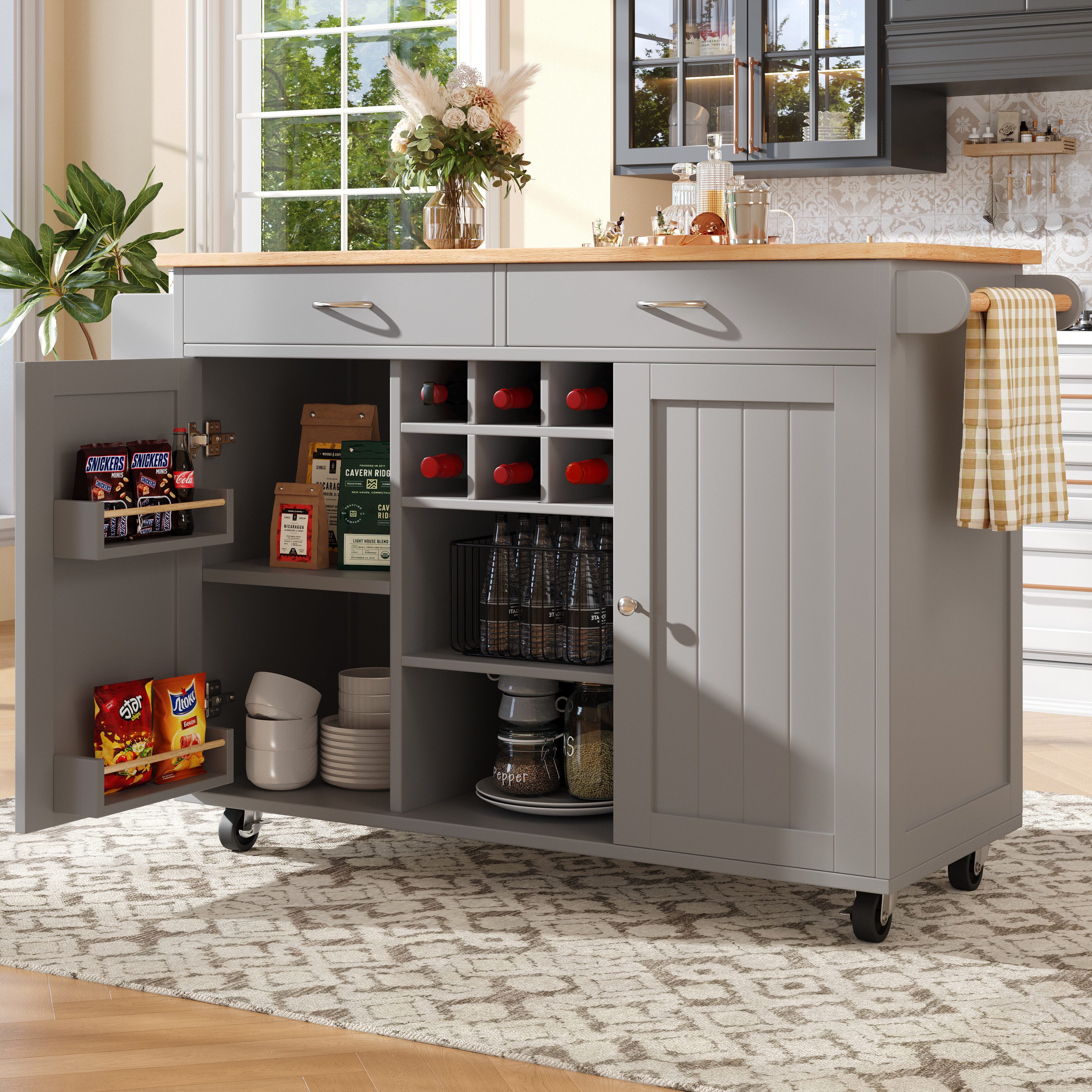 i@home Kücheninsel mit Stauraum, Küchenwagen mit Arbeitsplatte, 102×45×92 cm, 360° drehbare Rollen, Herausnehmbares Weinregal