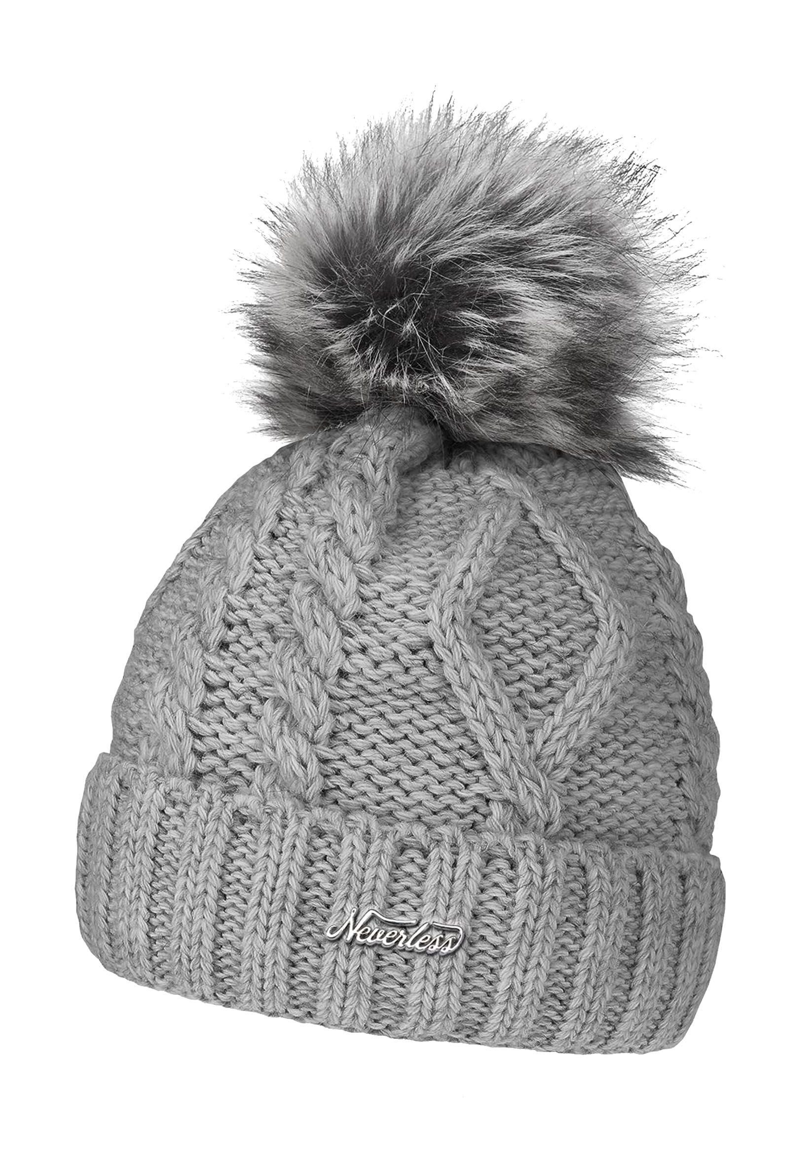 Neverless Bommelmütze gefütterte Damen Strickmütze Fell-Bommel Fleece-Futter Kunstfell