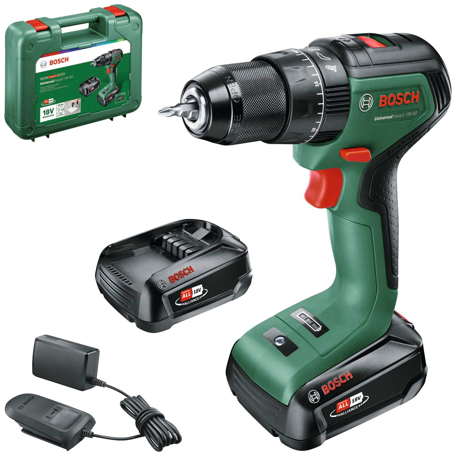 Bosch Home & Garden Akku-Schlagbohrschrauber UniversalImpact 18V-60, Inkl. Koffer, mit 2 Akkus 18V/2Ah und Ladegerät