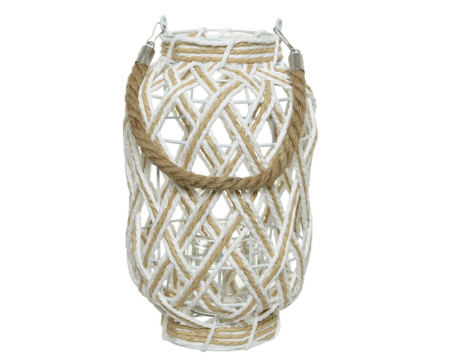 Kaemingk Windlicht, Laterne Metall Papierkordel Jute mit Henkel 18x30cm weiß natur