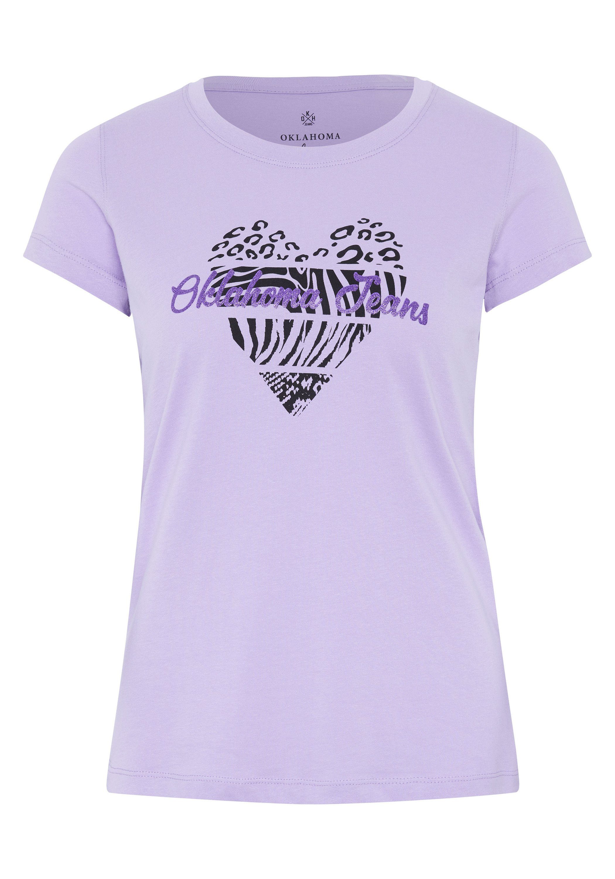 Rose mit 15-3716 Jeans Logo-Schriftzug Herz-Motiv Purple und Oklahoma Print-Shirt