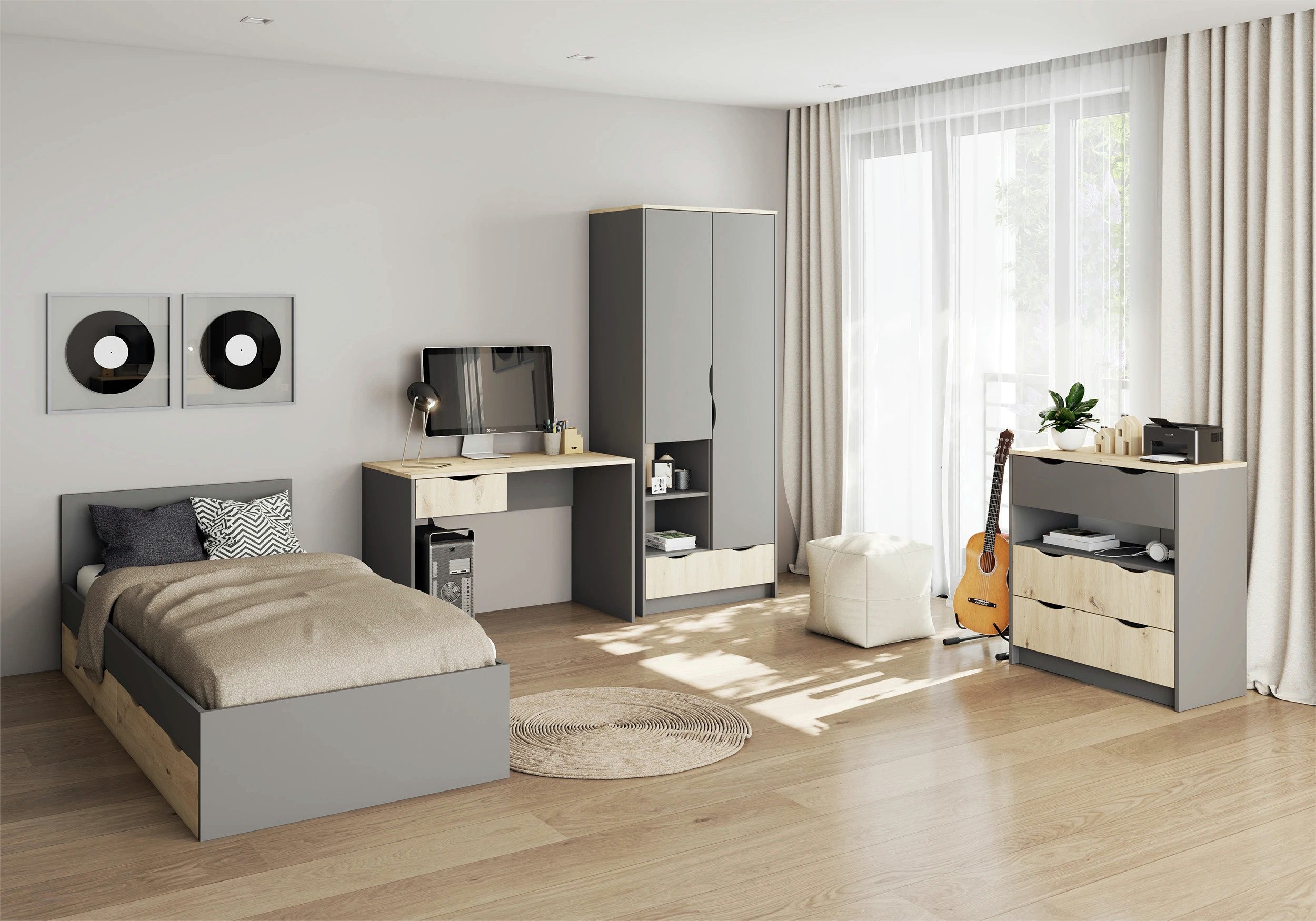 Jugendzimmer-Set Zamiro in Grau mit Artisan Eiche
