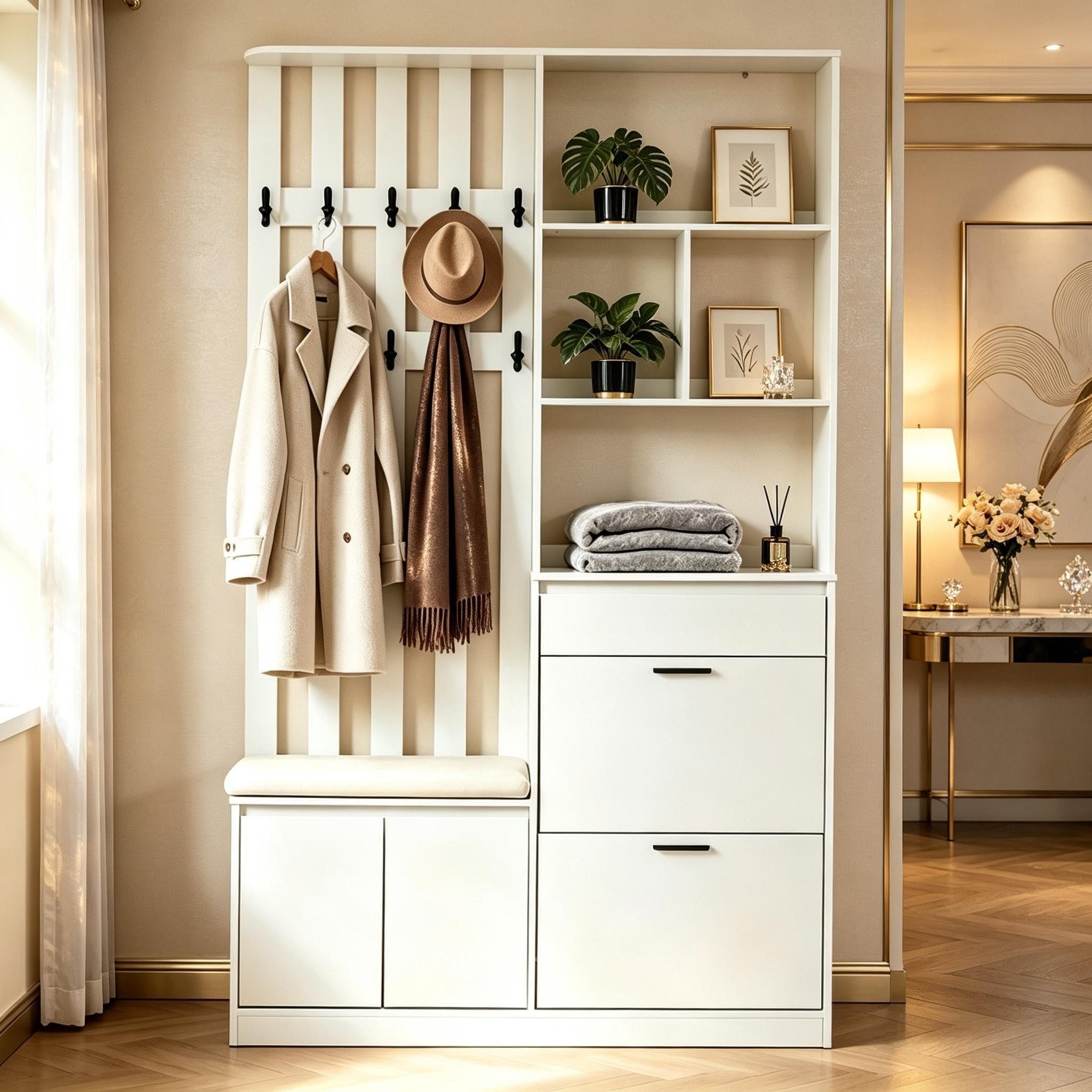 Merax Garderobenschrank mit Sitzbank, 2 Schuhklappen, Schublade, 2 Türen und 10 Haken (1-St) Flurgarderobe Garderobe für Eingangsbereich, 120x30x200cm