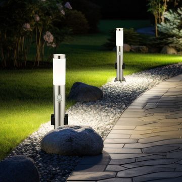 etc-shop LED Außen-Stehlampe, Leuchtmittel inklusive, Warmweiß, Edelstahl Steh Lampe Außen Steckdosen Bewegungsmelder Garten Wege