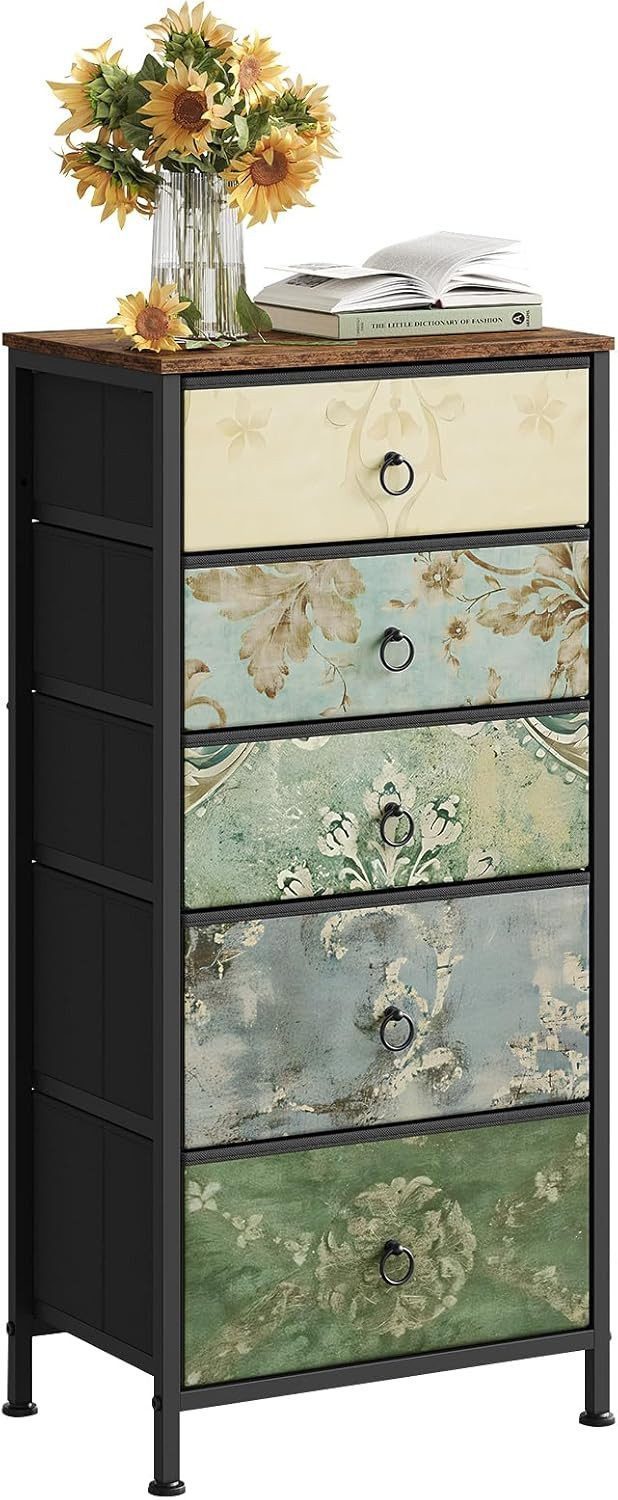 Woltu Hochkommode, mit 5 Schubladen, mit Vintage-Blumenmotiv, 45x95x30 cm