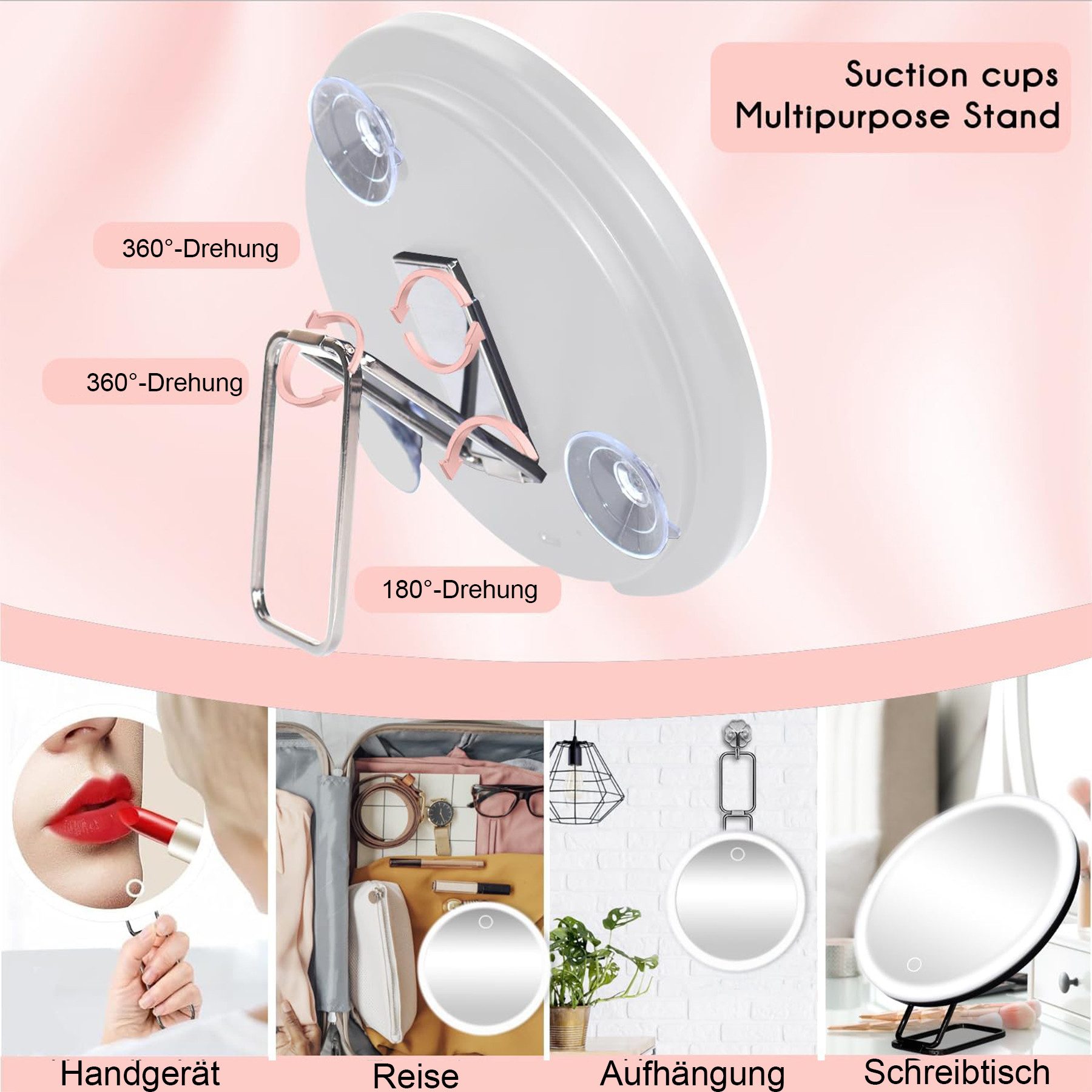Senmudi Kosmetikspiegel Kosmetikspiegel Vergrößerungsspiegel mit Licht 3 Farbe Modi (Dimmen beleuchtete Make-up-Spiegel mit 10X Vergrößerung, große wiederaufladbare Reise, vergrößerte Spiegel, 3 Saugnäpfen), 360 ° Tisch Stand für Schminken Makeup Gesichtspflege und Reisen