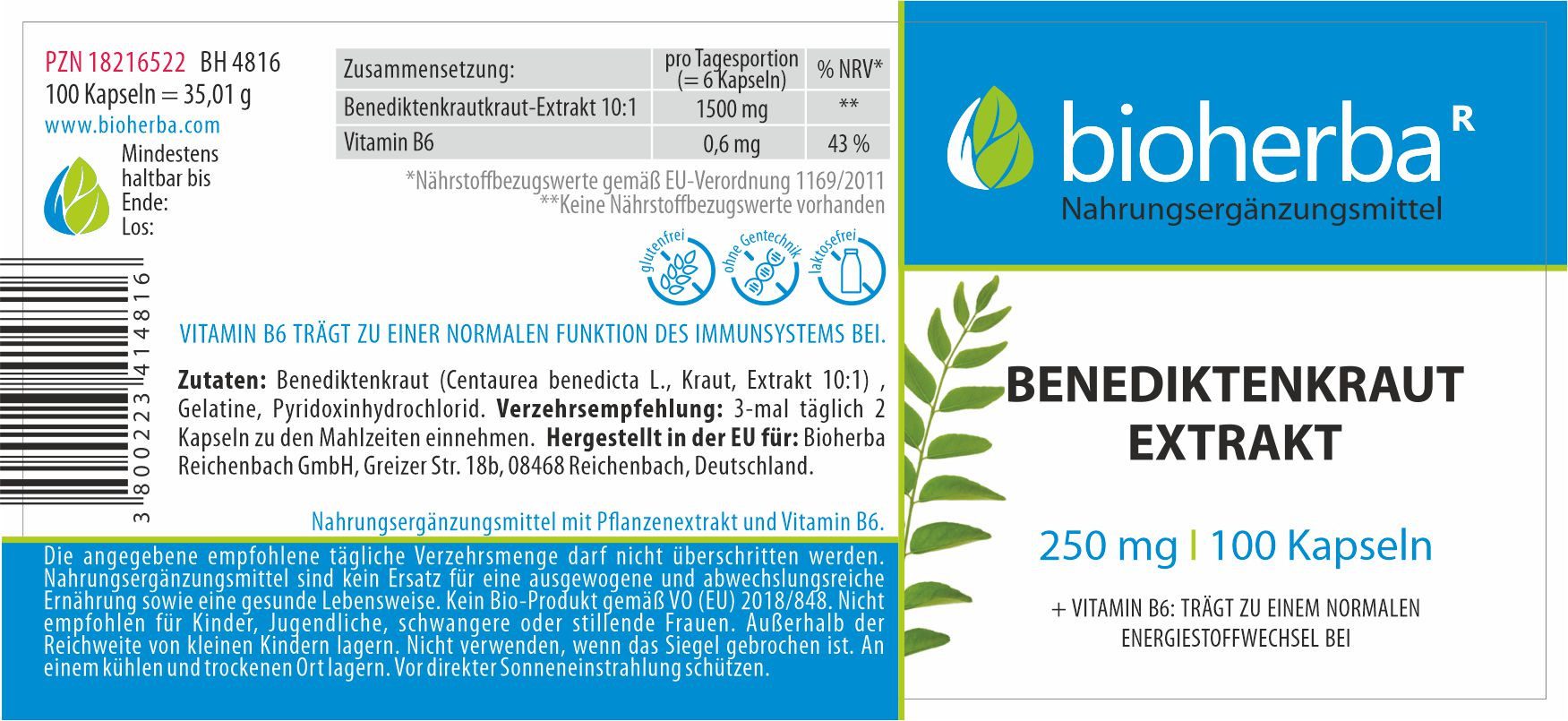 BIOHERBA R Bioherba Benediktenkraut Extrakt 250 mg 100 Kapseln Nahrungsergänzungsmittel, 1 er
