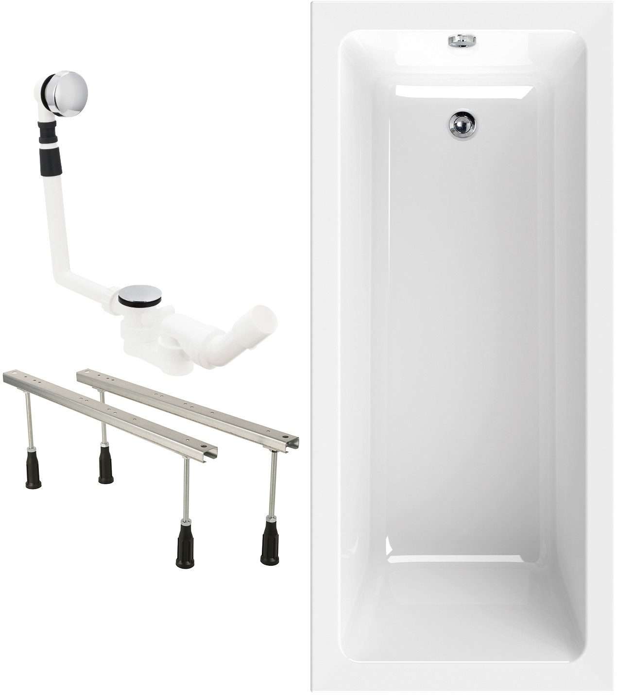 Calmwaters Badewanne Modern Square, Weiß, 170 x 75 cm, Acryl, Wannenfuß, Ablaufgarnitur, 99000284