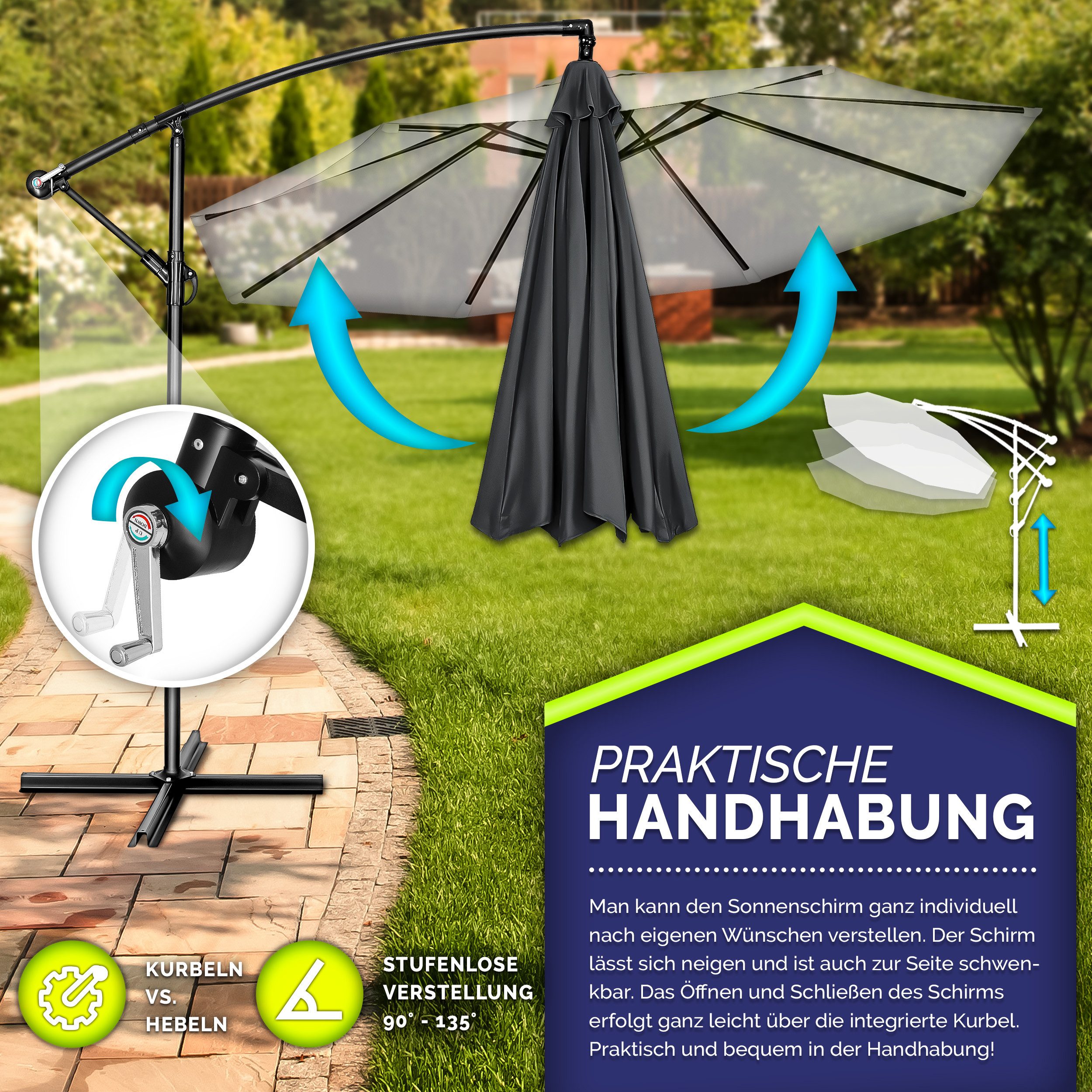 tillvex Sonnenschirm 300-350 cm Kurbel Ampelschirm mit Ständer, Abdeckung & Windsicherung, Gartenschirm UV-Schutz Aluminium