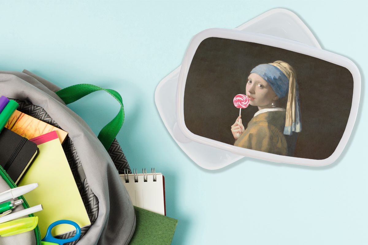 Johannes Jungs für - Brotbox Vermeer MuchoWow Lunchbox (2-tlg), Kunststoff, mit für Perlenohrring Kinder Mädchen weiß Brotdose, und und - Lollipop, Mädchen Erwachsene,
