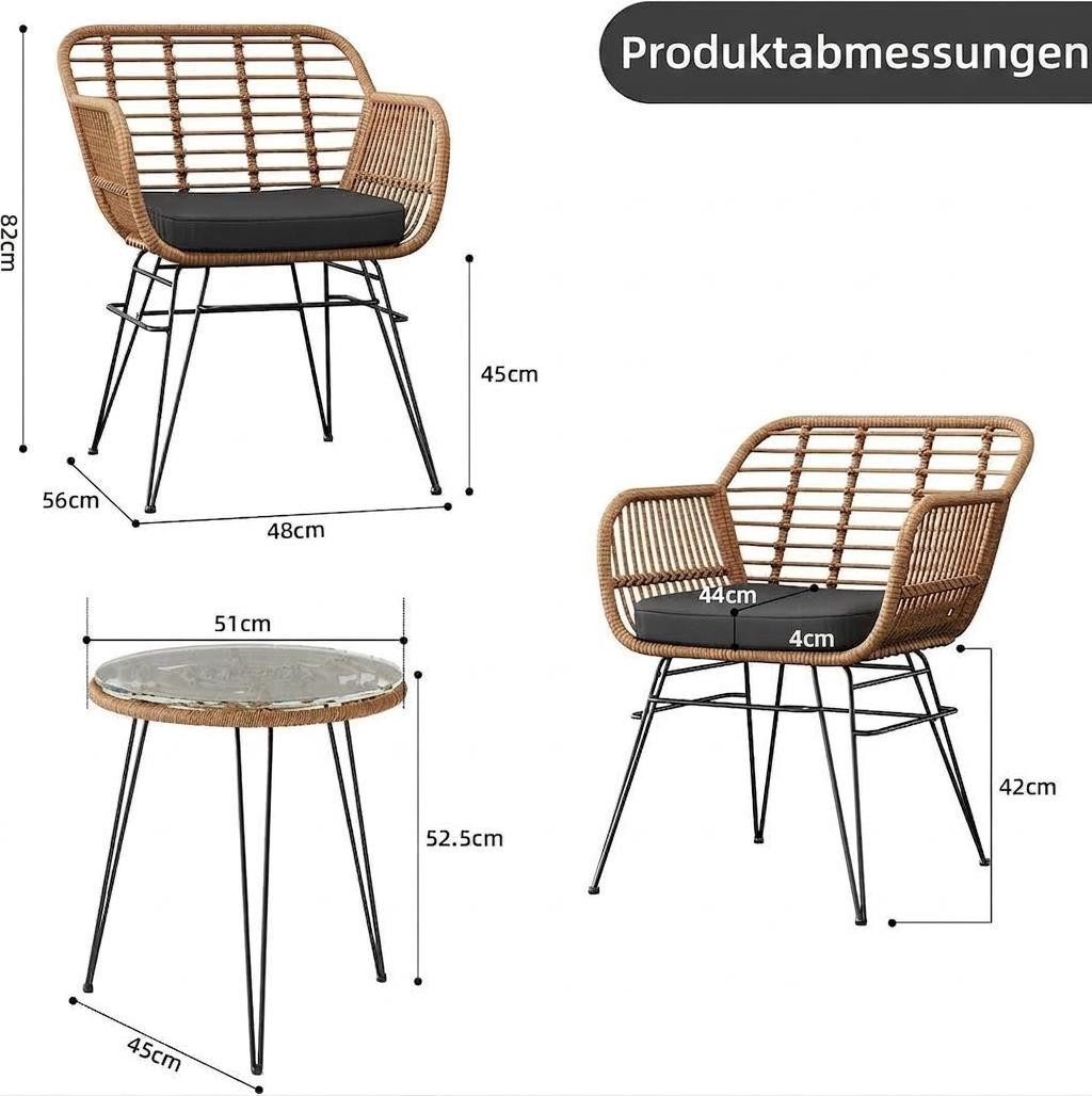 GarveeMore Balkonset Für 2 Personen,3-TLG Outdoor Rattan Sitzgruppe,Gartenmöbel, Rattan, Metall, wasserabw., 2 Sessel + Glas, für Balkon & Garten