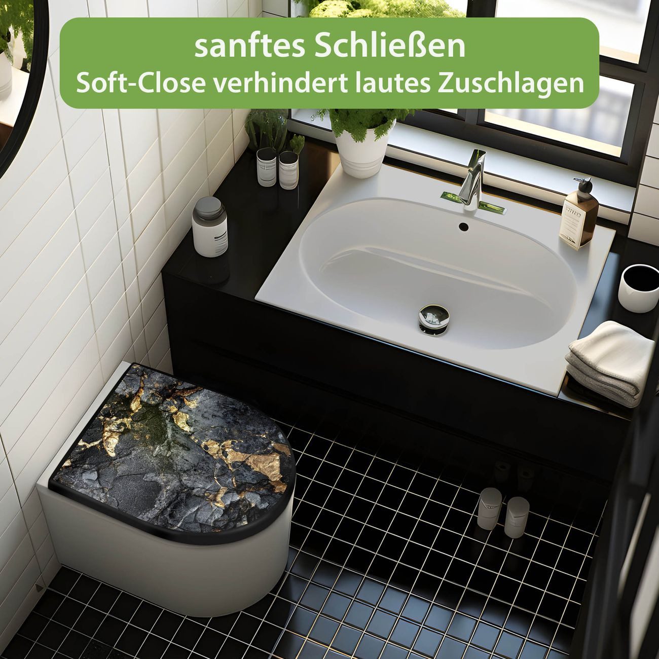 banjado WC-Sitz Premium D-Form mit Absenkautomatik Motiv Schwarzer Marmor mit Gold 1 (umweltfreundliches Material, Softclose Absenkautomatik), 45 x 36,4 x 4